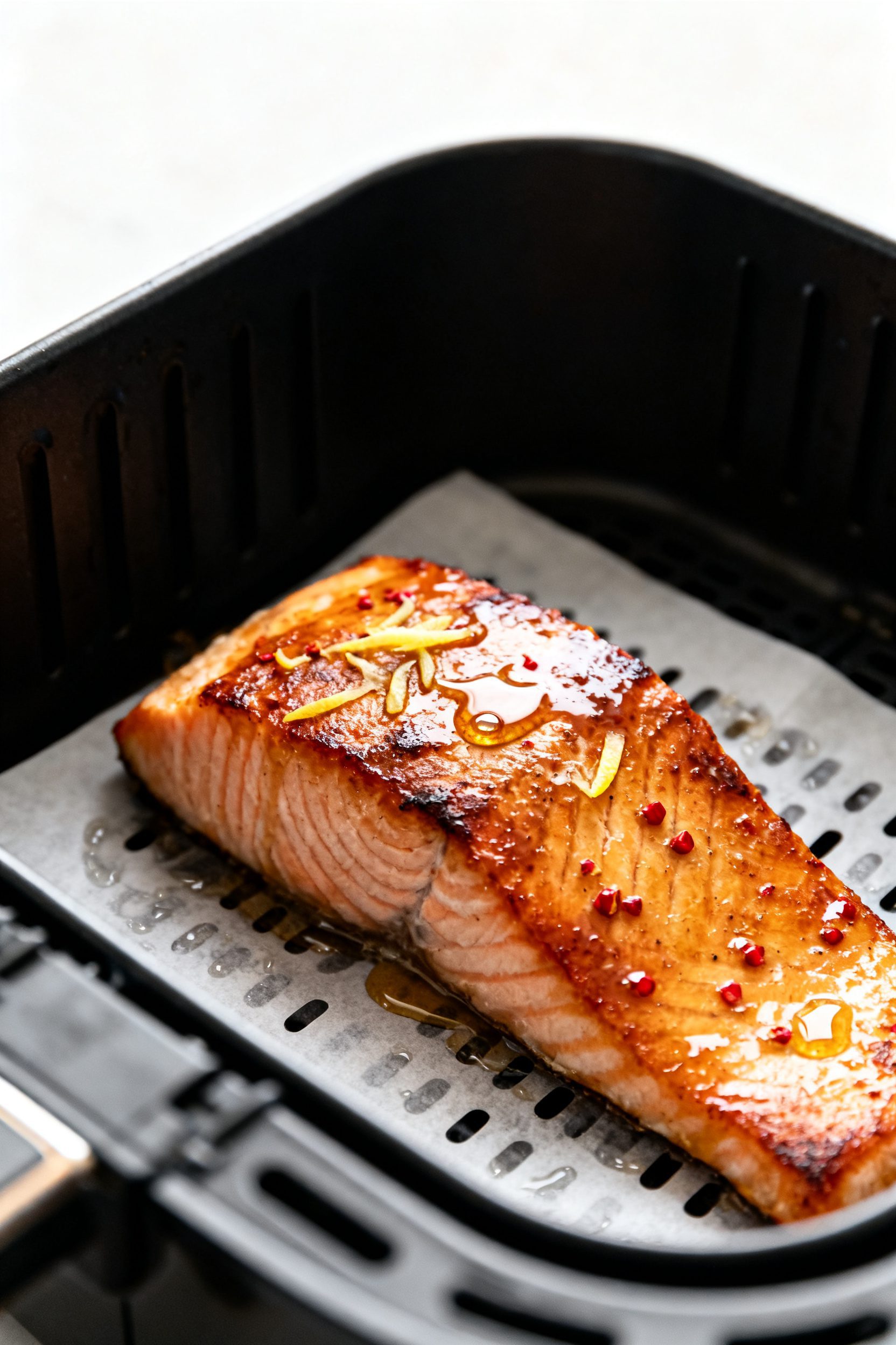 Close-up detail: Air fryer honey-lemon glazed salmon fillet just out of the basket, edges lightly cr