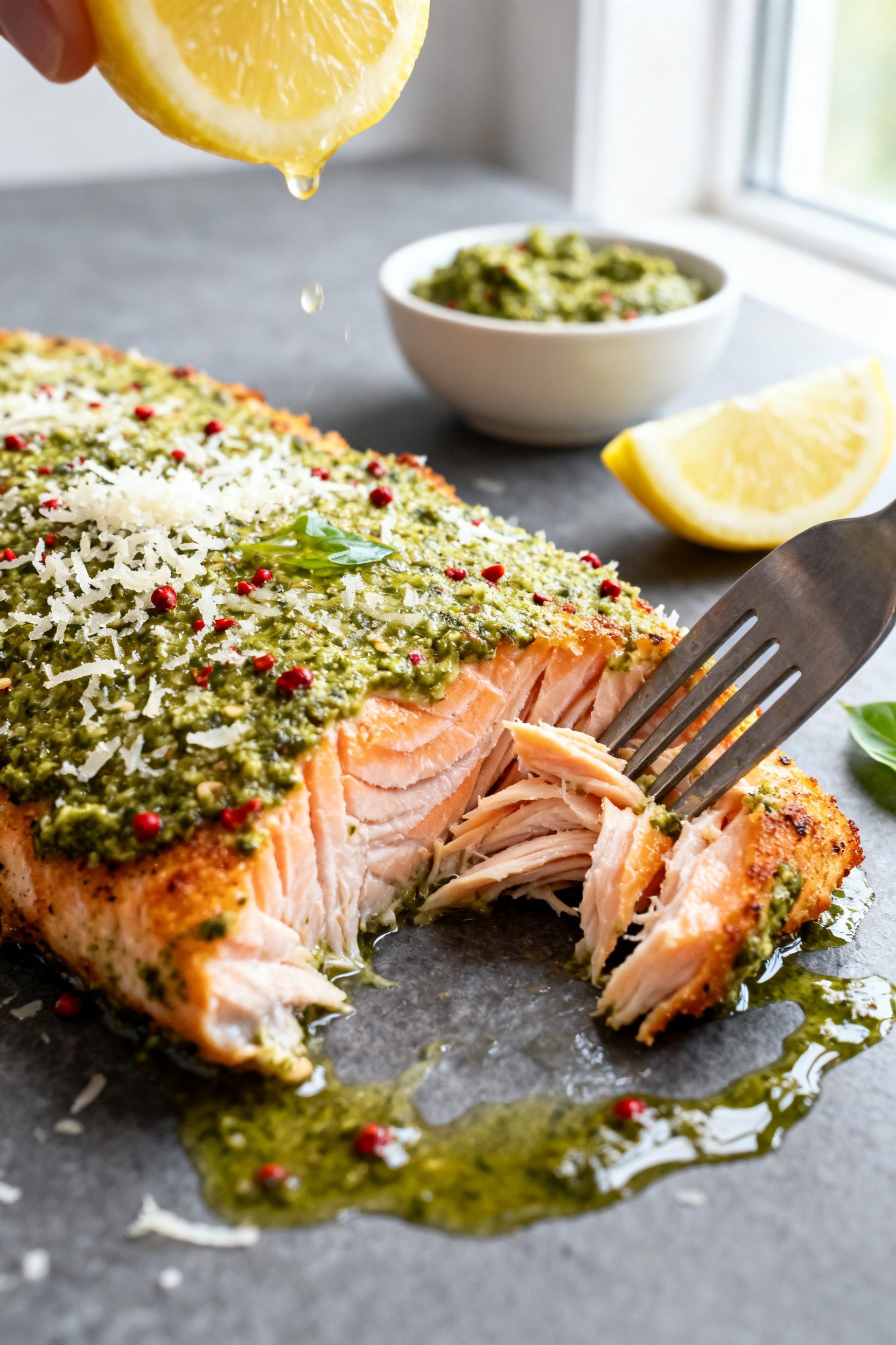 Close-up detail: Air fryer pesto salmon just cooked, showing a lightly crisp, golden-edged pesto cru