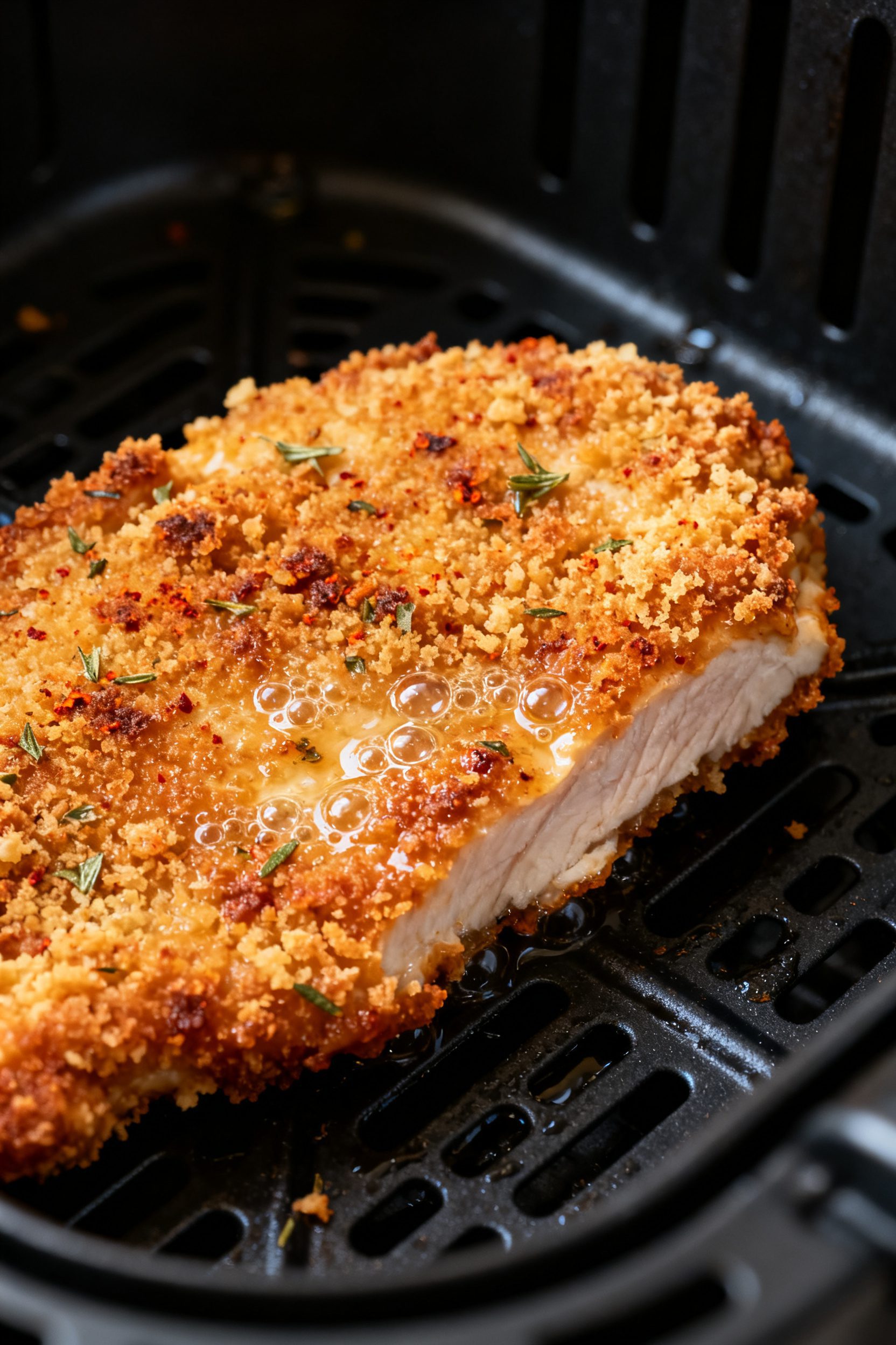 Close-up detail: Air fryer pork rind–crusted chicken cutlet just out of the basket, deep golden-br