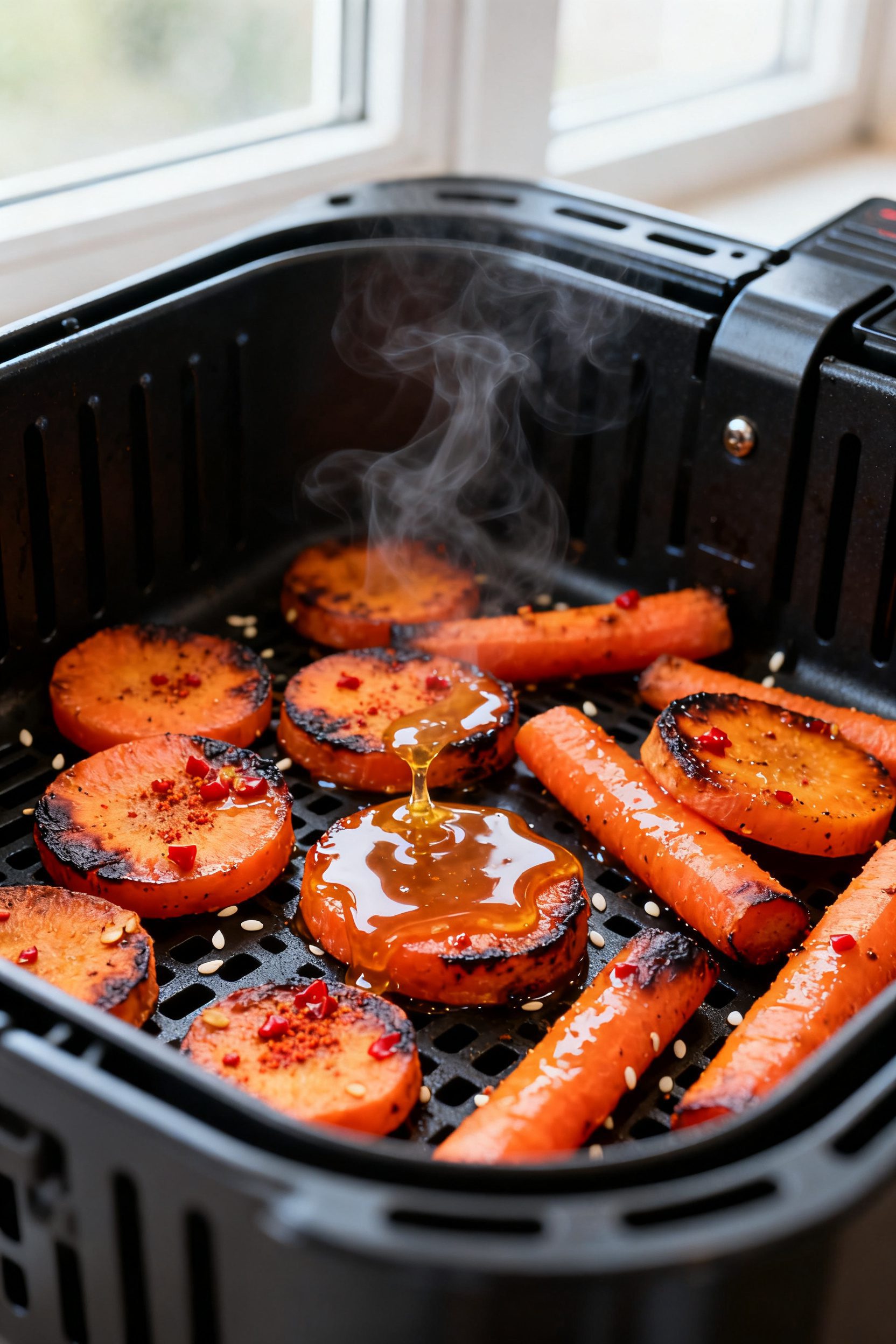 Close-up detail: Air fryer–roasted carrot coins and batons just out of the basket, edges carameliz