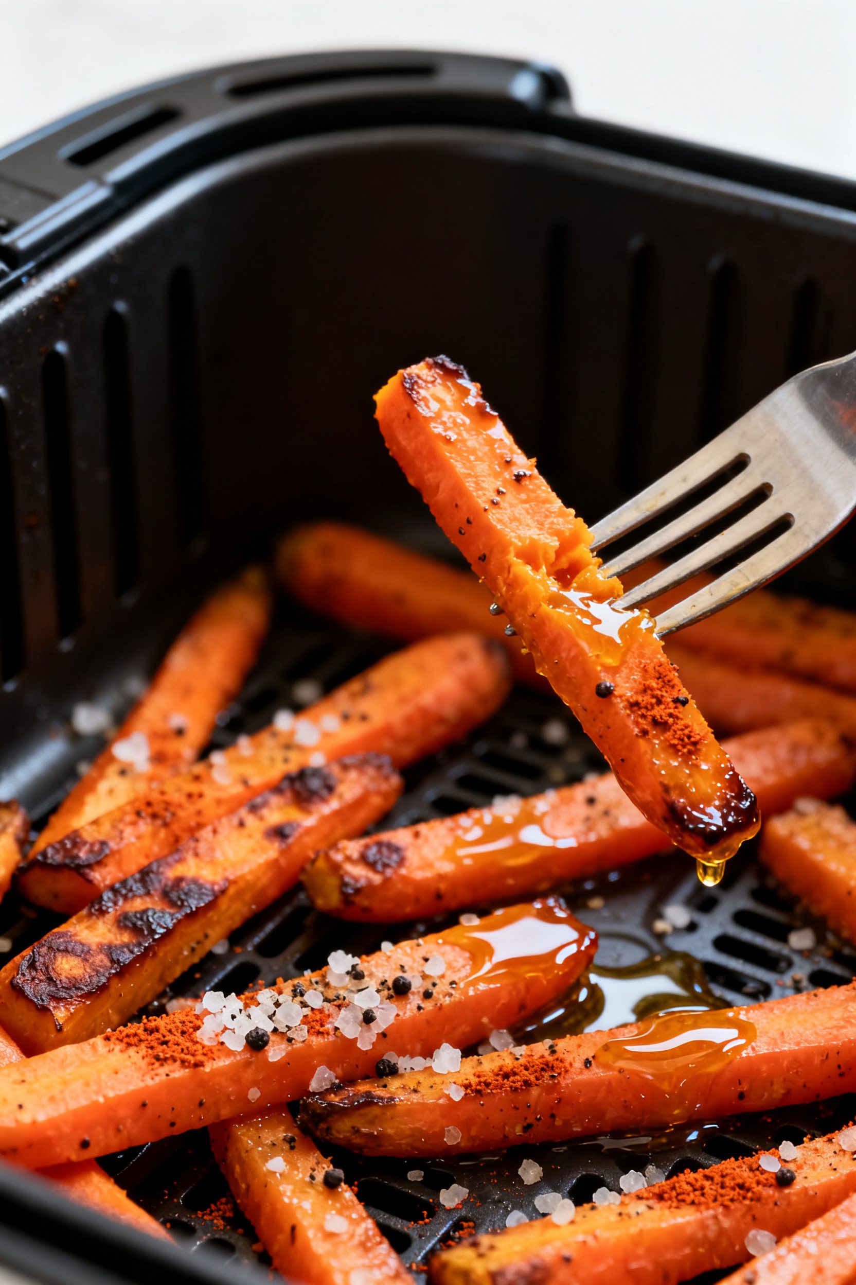 Close-up detail: Air fryer roasted carrot sticks fresh from the basket at 380°F, edges lightly cara