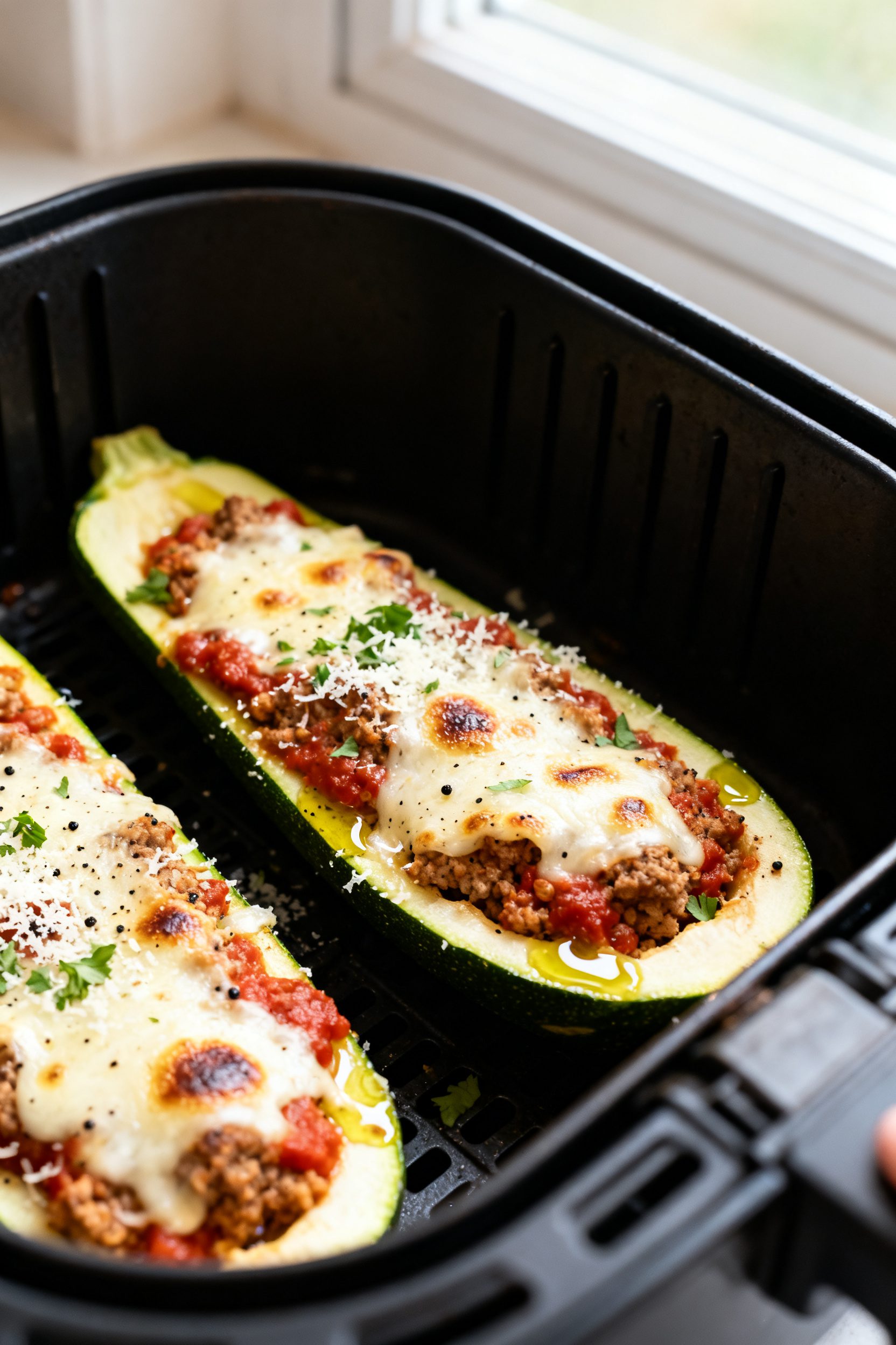 Close-up detail: Air fryer stuffed zucchini just finished cooking in the basket at 375°F, cheese me
