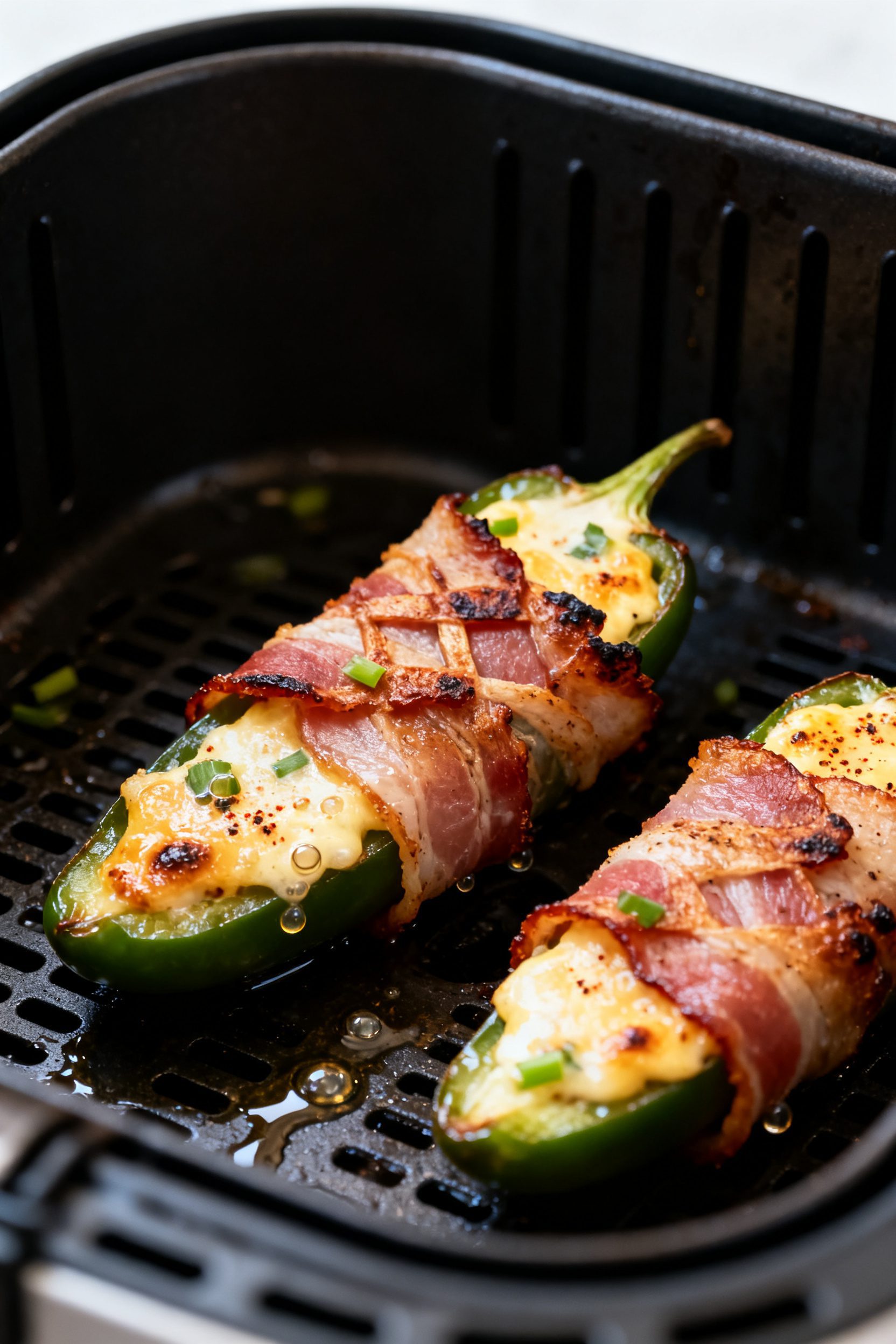 Close-up detail: Bacon-wrapped jalapeno halves just flipped in an air fryer basket at 375°F, bacon 