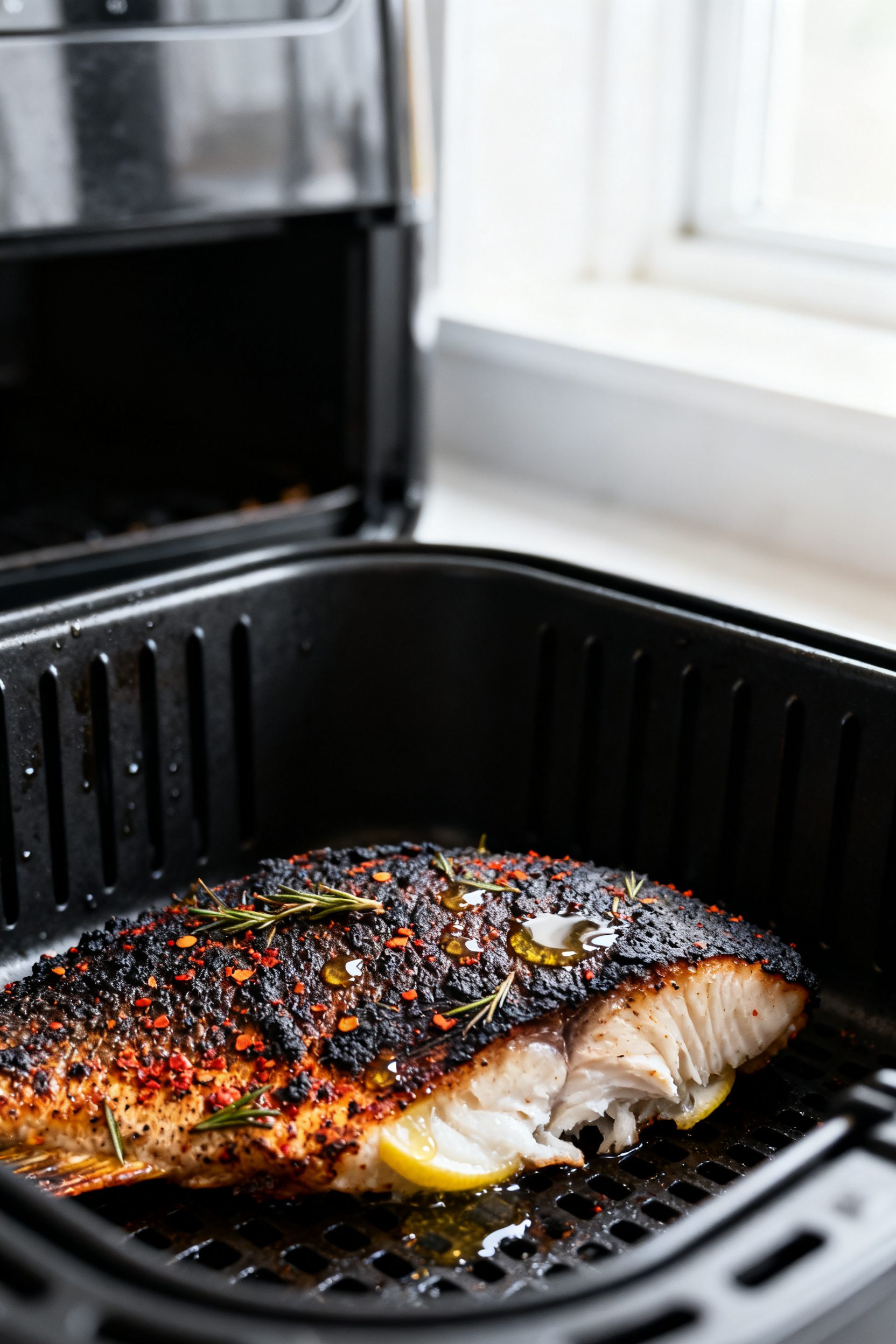 Close-up detail: Blackened tilapia just out of the air fryer, flipped mid-cook showing a deeply char