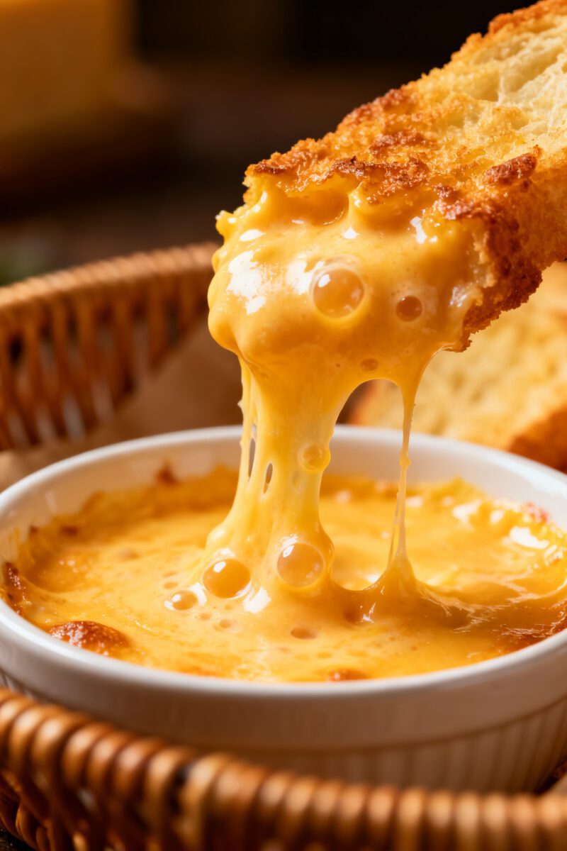Close-up detail: Bubbly air fryer cheese dip just out of the basket in a small 1–