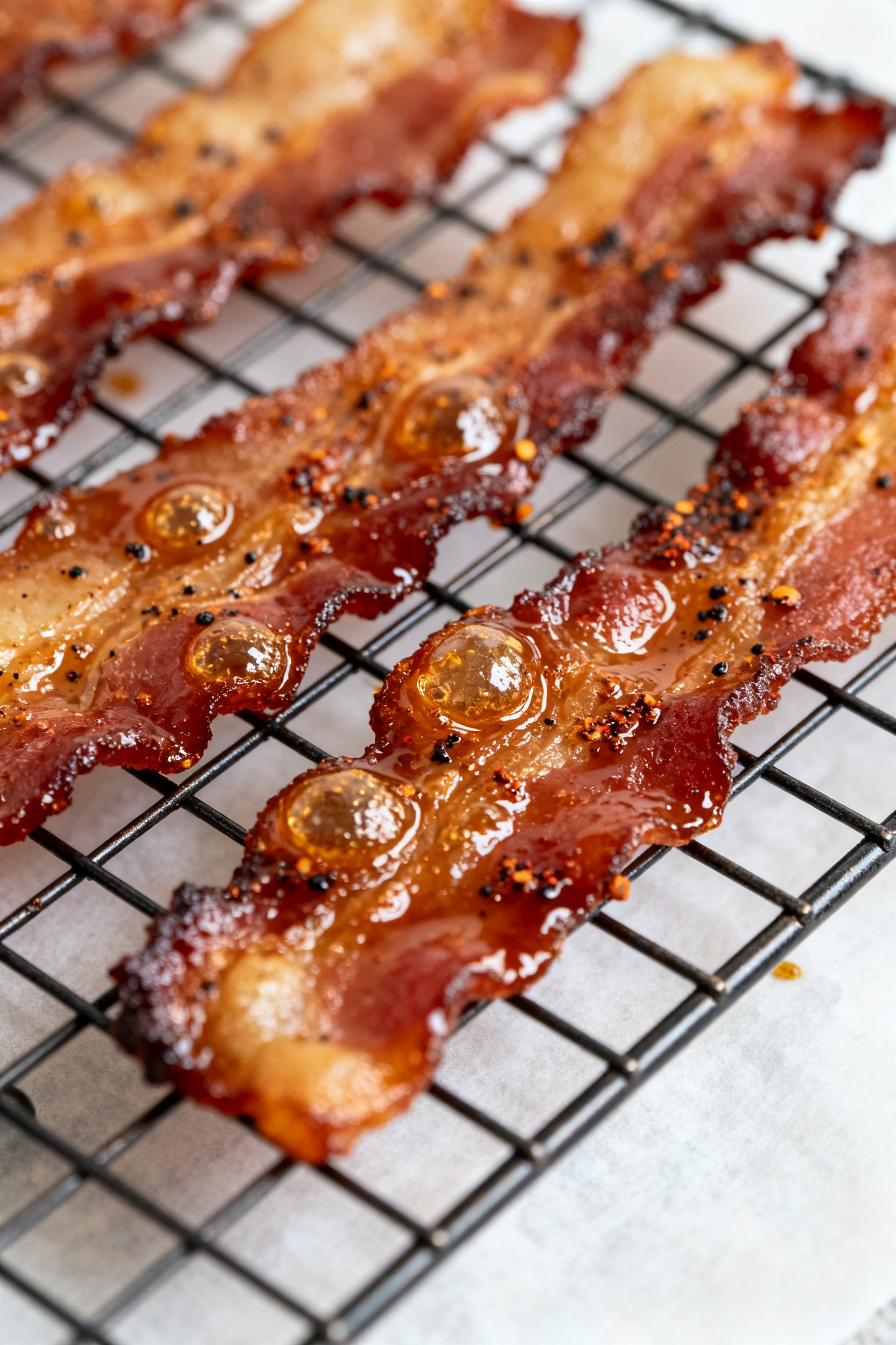 Close-up detail: Candied air fryer bacon just set on a wire rack, edges deeply crisp with tiny rende