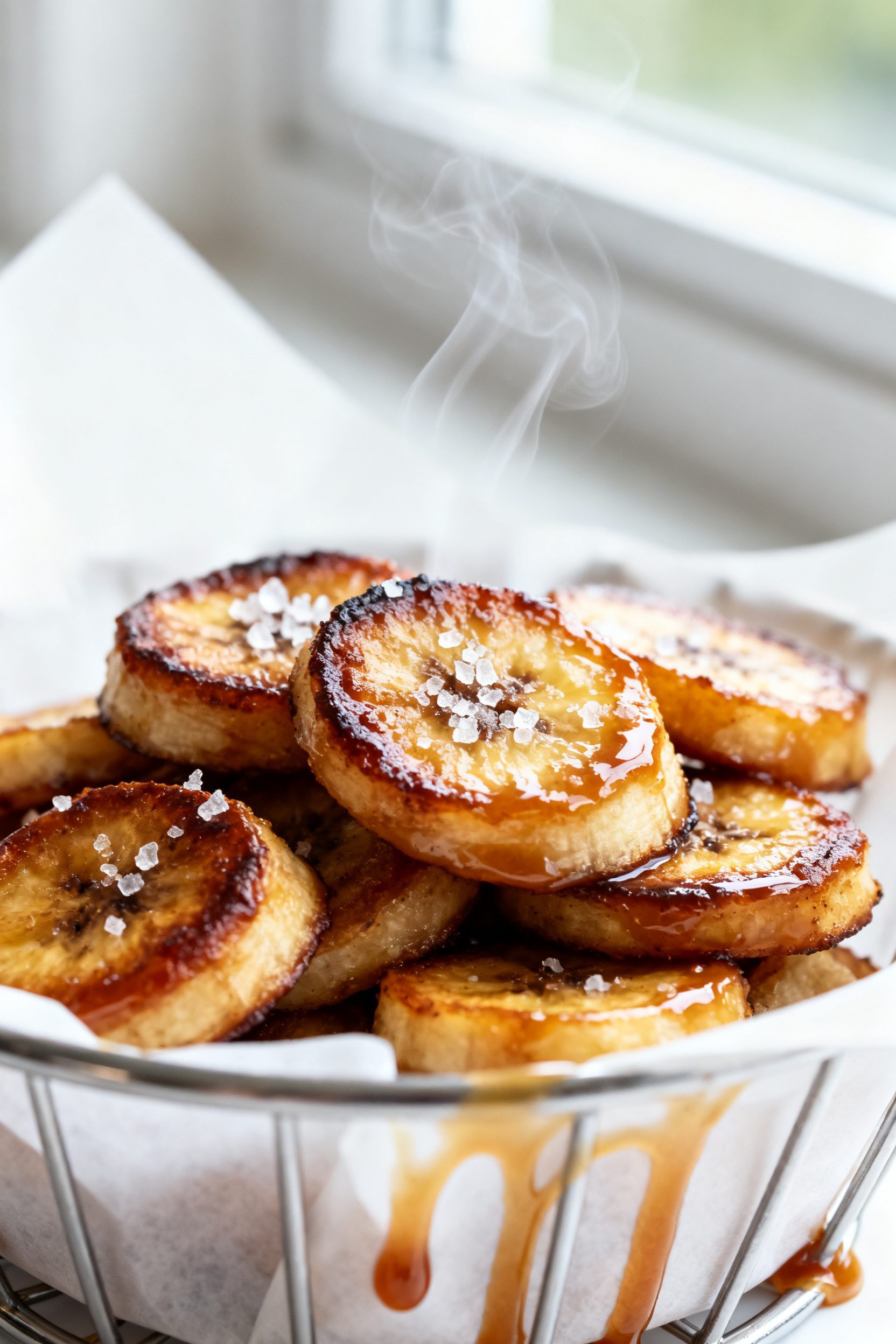 Close-up detail: Caramelized air-fried banana coins fresh from the basket, edges deeply browned and 