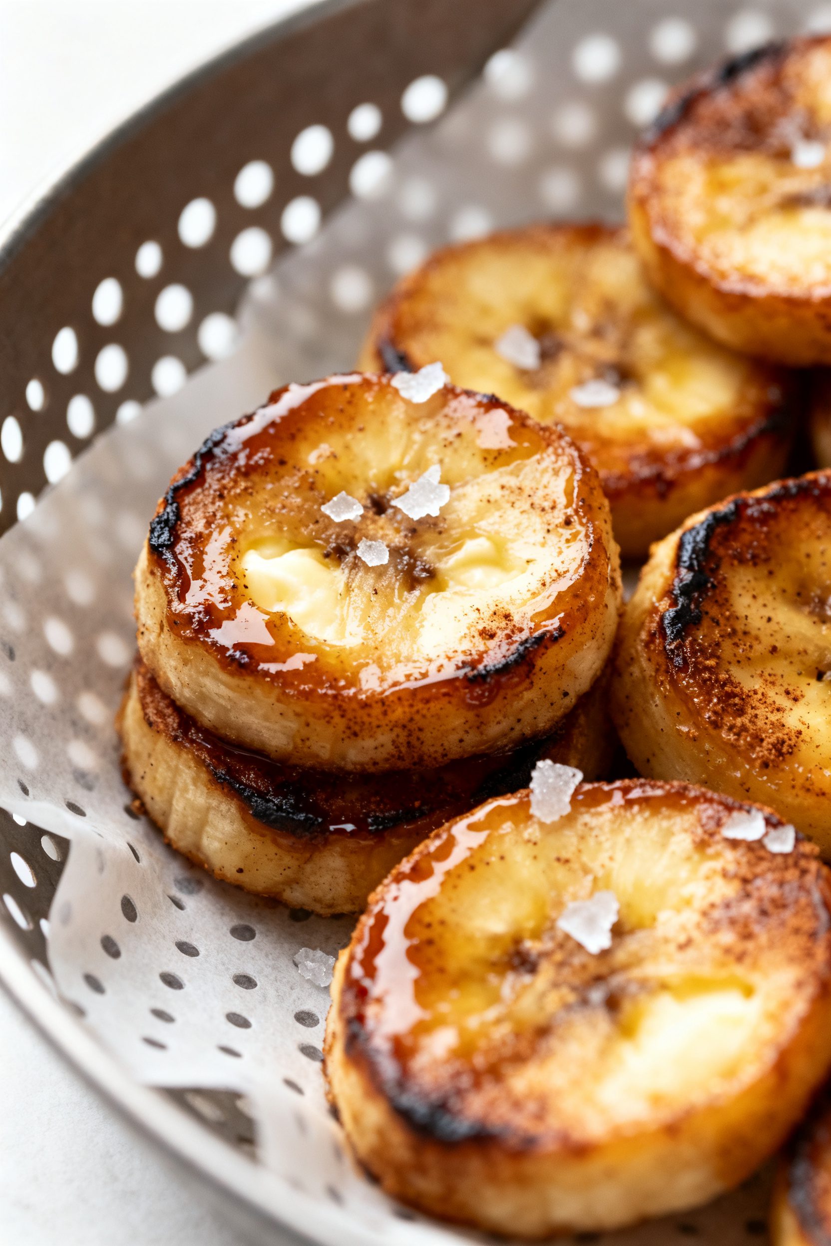 Close-up detail: Caramelized banana rounds just out of the air fryer with glistening brown sugar-but