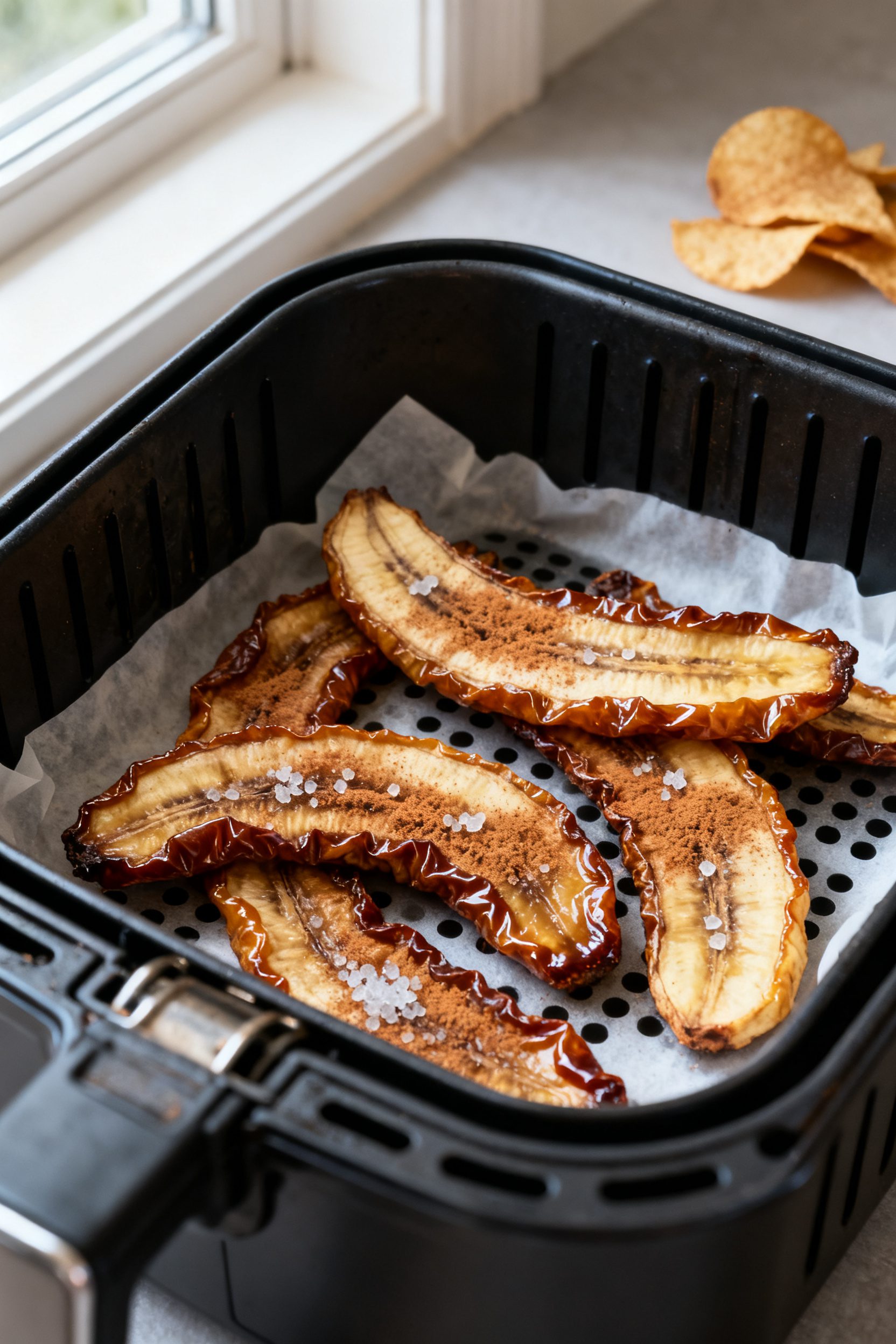 Close-up detail: Chewy air fryer–dehydrated banana slices just finished drying in the basket, ligh
