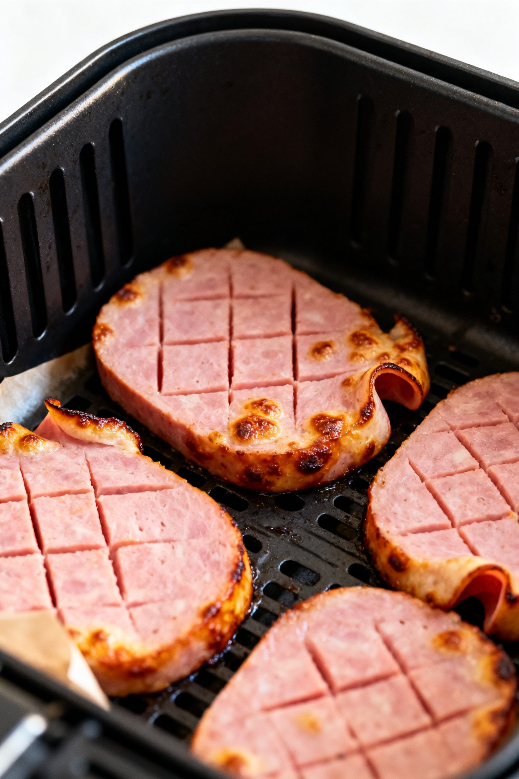 Close-up detail, cooking process: Slices of scored bologna sizzling in an air fryer basket at 400°F