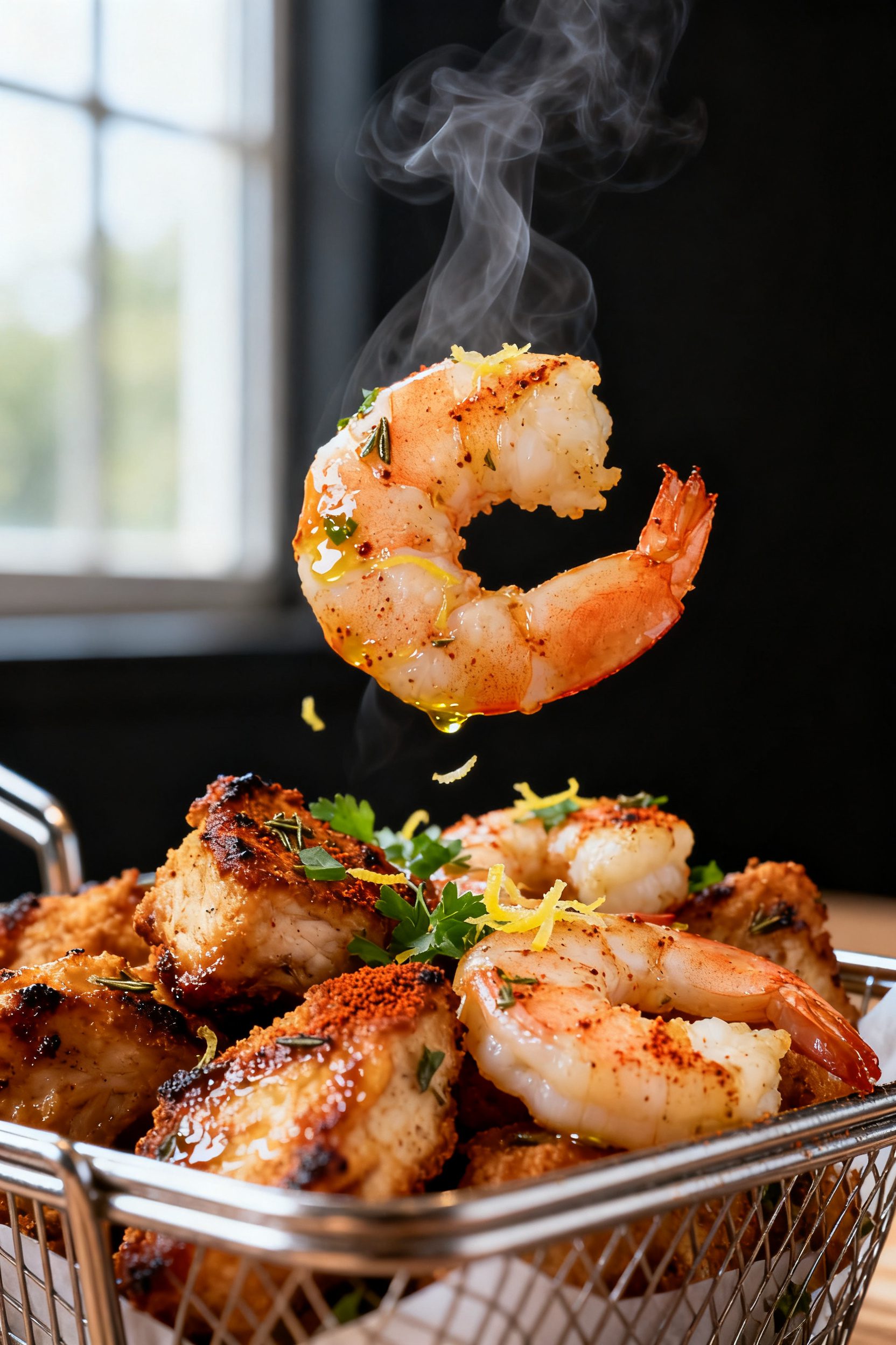 Close-up detail: Crisp-edged air-fried chicken bites and plump shrimp just out of the basket, lightl