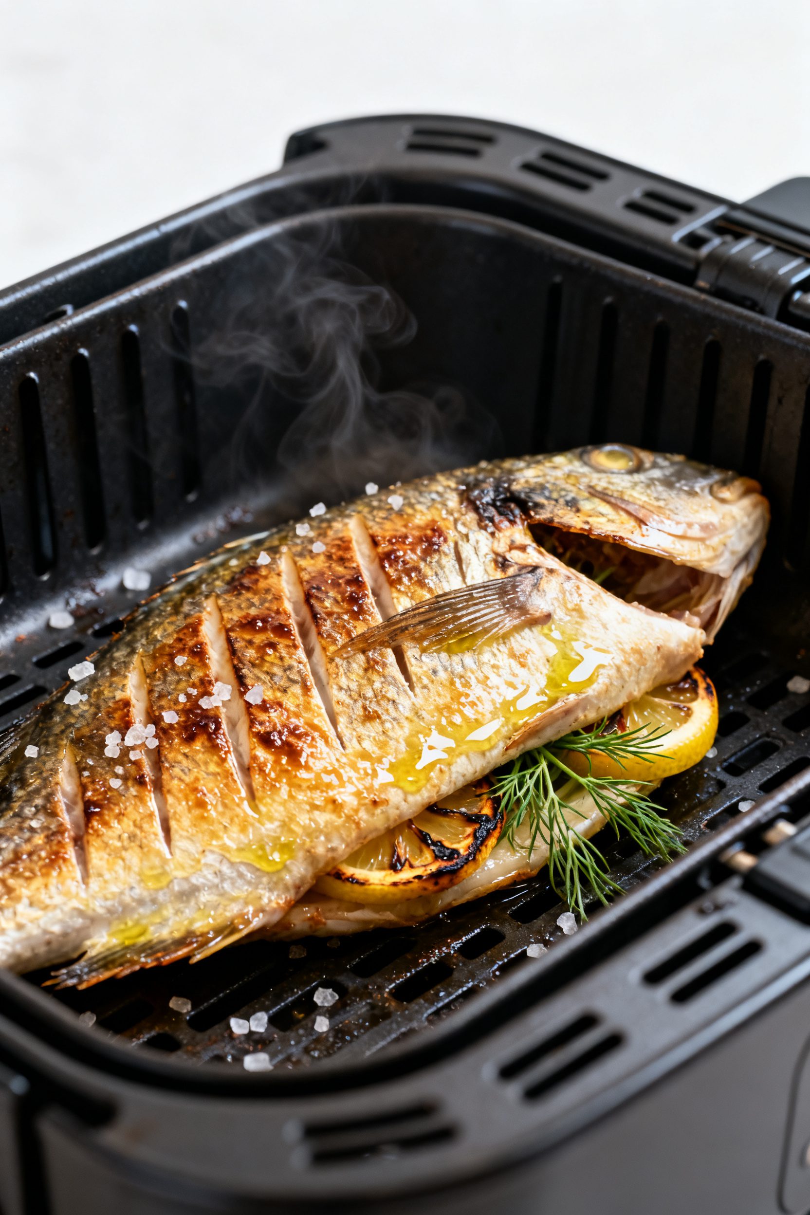 Close-up detail: Crisp-skinned air-fried whole branzino just after flipping in the preheated basket