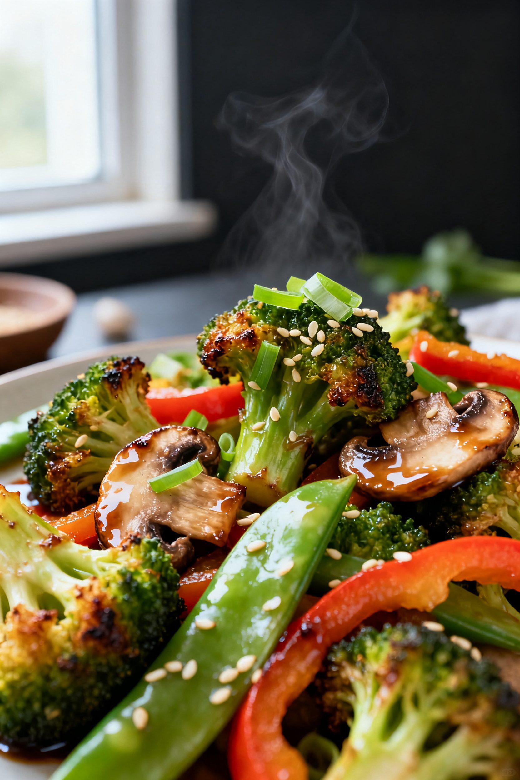 Close-up detail: Crisp-tender air-fried broccoli florets, bell pepper strips, snap peas, and mushroo