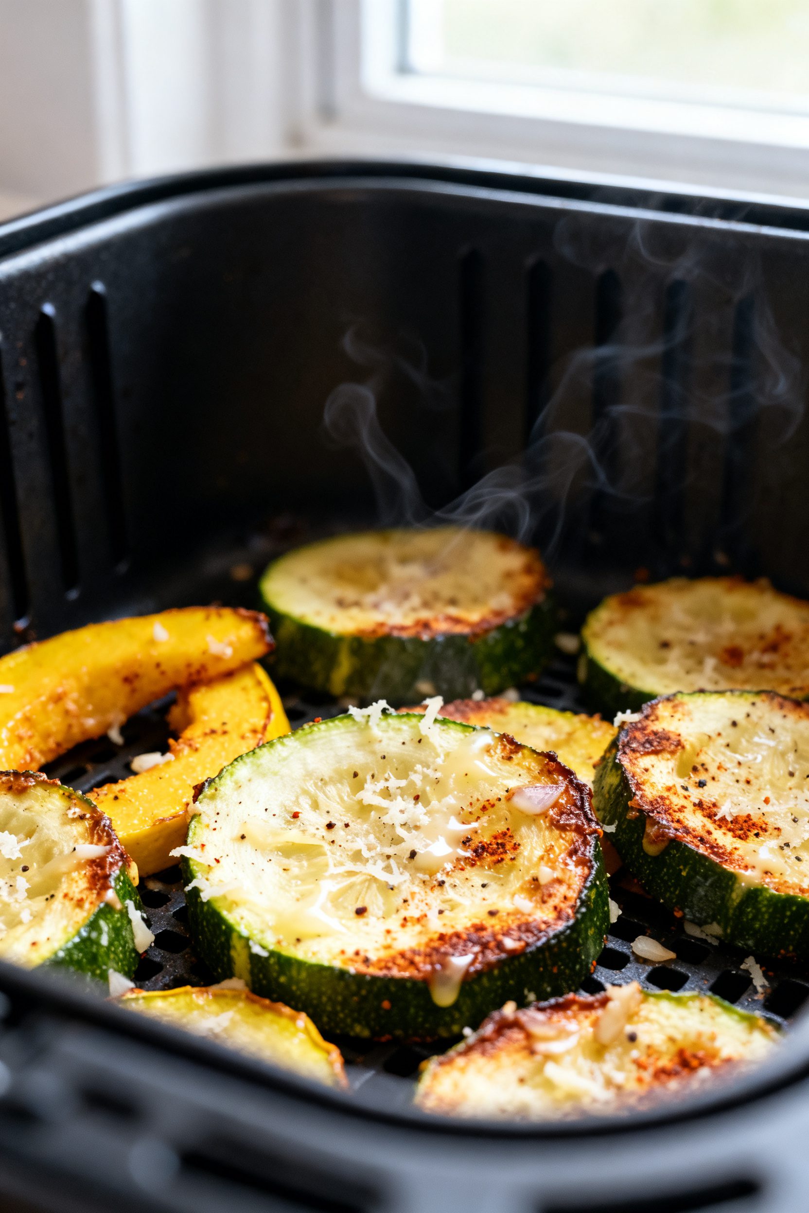 Close-up detail: Crisp-tender air-fried zucchini and yellow squash slices just out of the basket, go