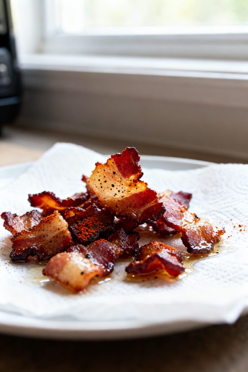 Close-up detail: Crisped air-fryer bacon bits draining on a paper towel–lined plate, glistening wi