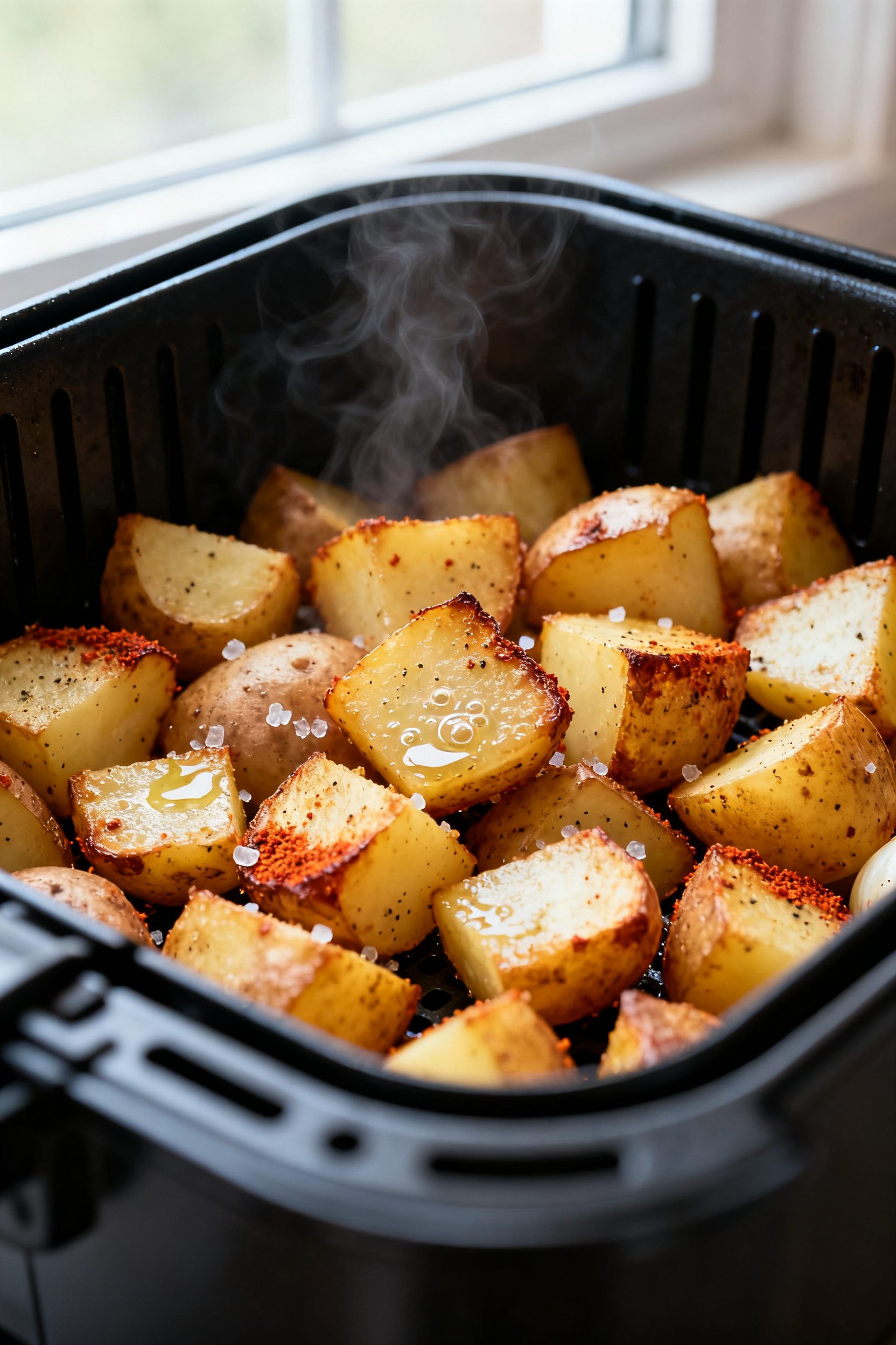 Close-up detail: Crisped russet potato cubes fresh from the air fryer basket at 400°F, golden-brown