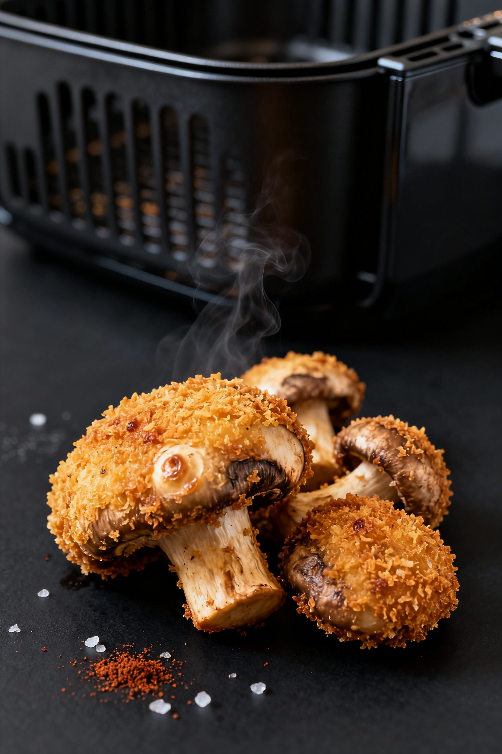 Close-up detail: Crispy air-fried breaded mushrooms just out of the basket, deep golden coating with