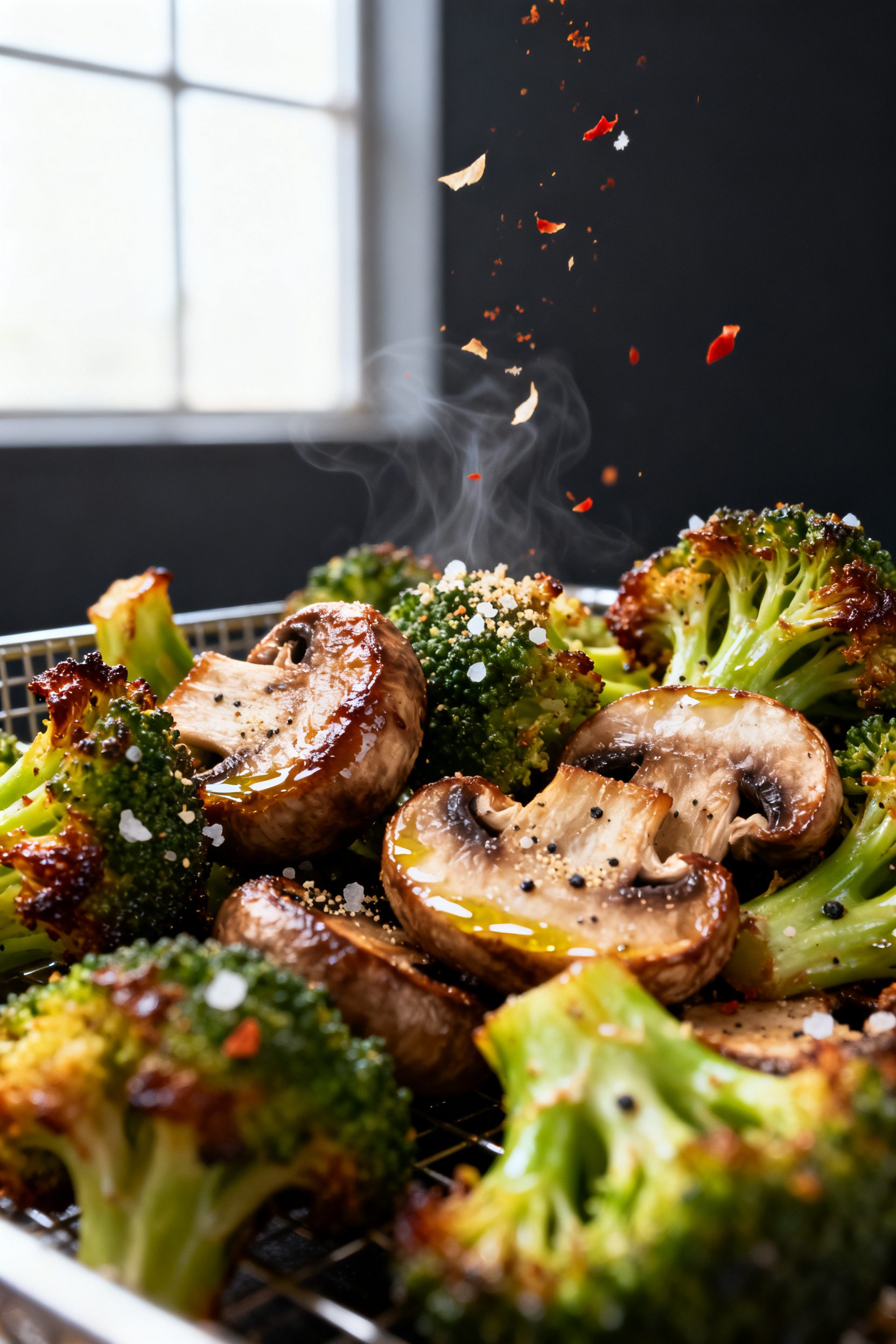 Close-up detail: Crispy air-fried broccoli florets and halved cremini mushrooms just out of the bask
