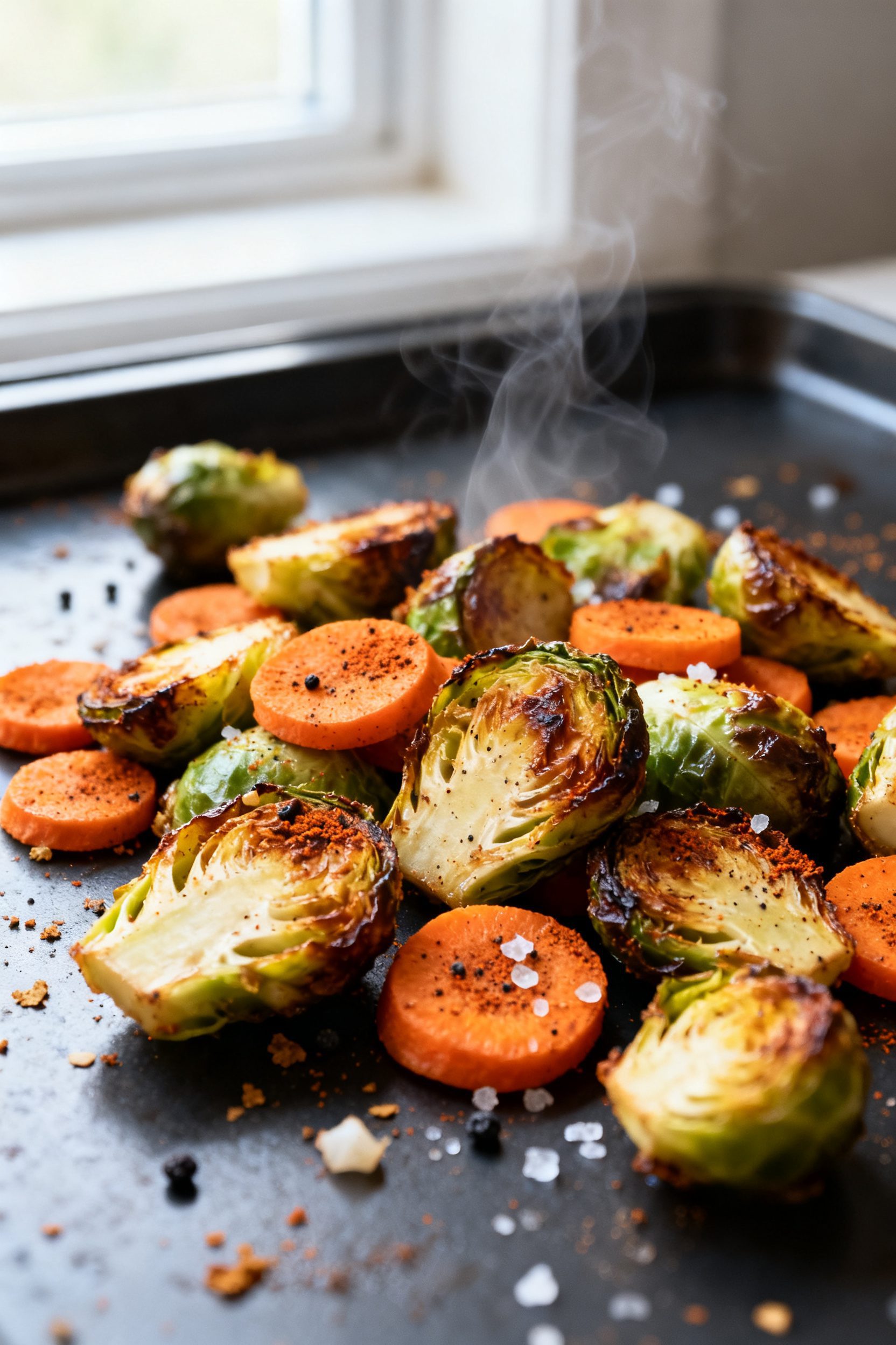 Close-up detail: Crispy air-fried Brussels sprouts and carrot coins with smoky paprika and garlic po