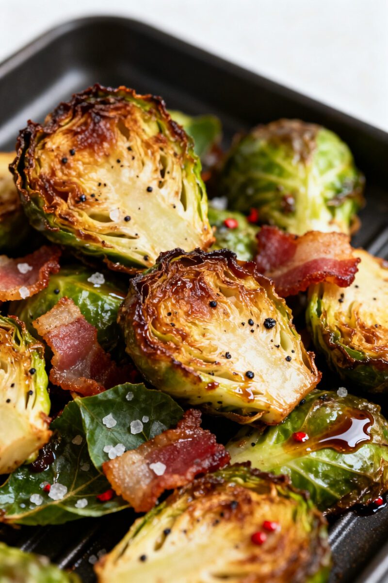 Close-up detail: Crispy air-fried Brussels sprouts with bacon pieces just out of the basket, deep go