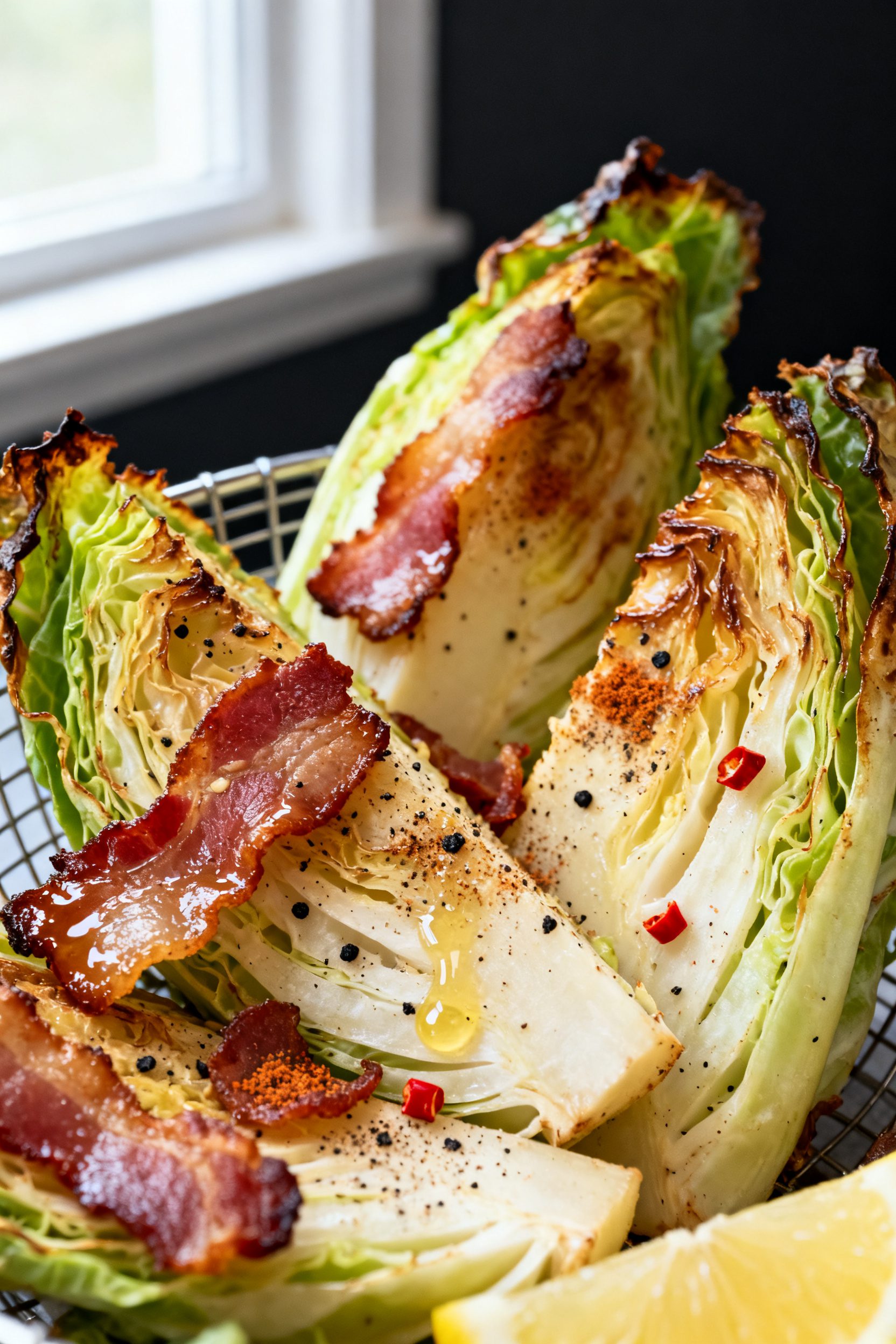 Close-up detail: Crispy air-fried cabbage with bacon just out of the basket, showing caramelized, br