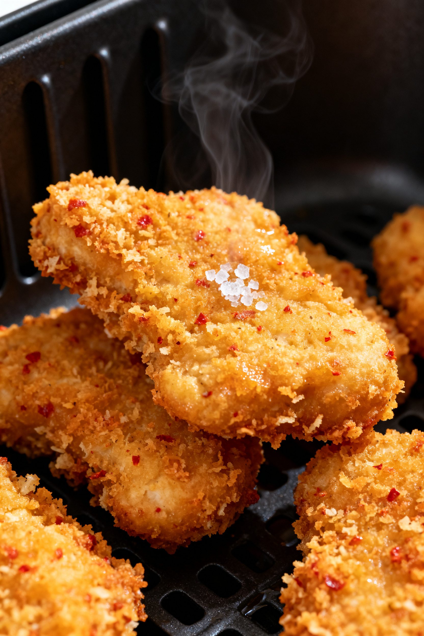 Close-up detail: Crispy air-fried chicken nuggets just out of the basket, golden-brown panko-and-fin