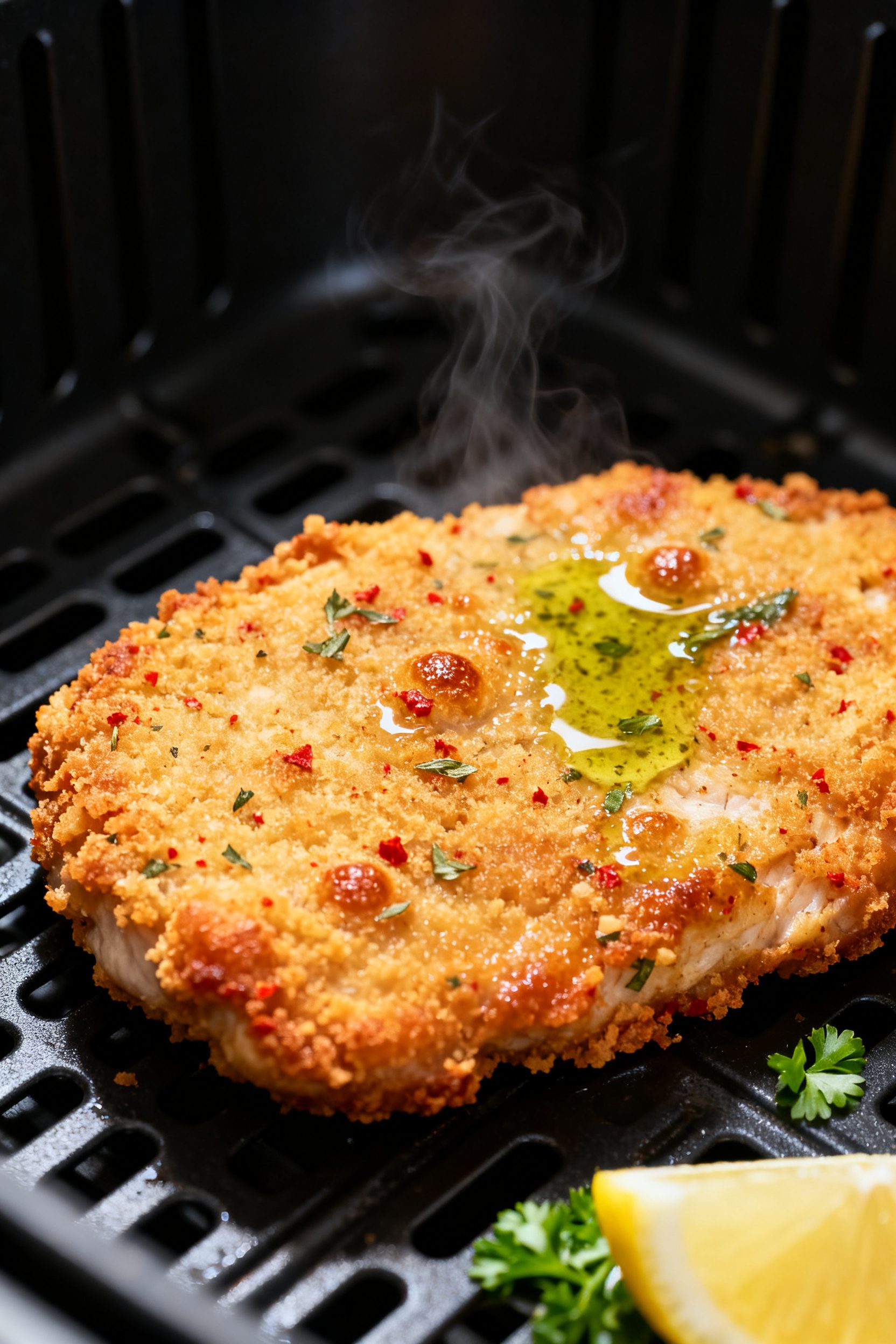 Close-up detail: Crispy air-fried cod fillet just out of the basket at 400°F, golden almond-flour/p