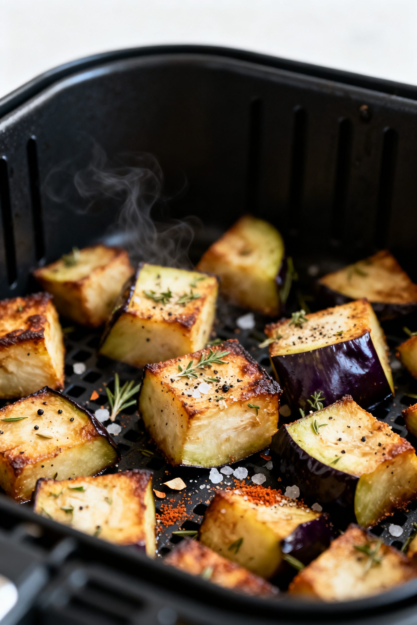 Close-up detail: Crispy air-fried eggplant cubes fresh from the basket, deep golden-brown edges with