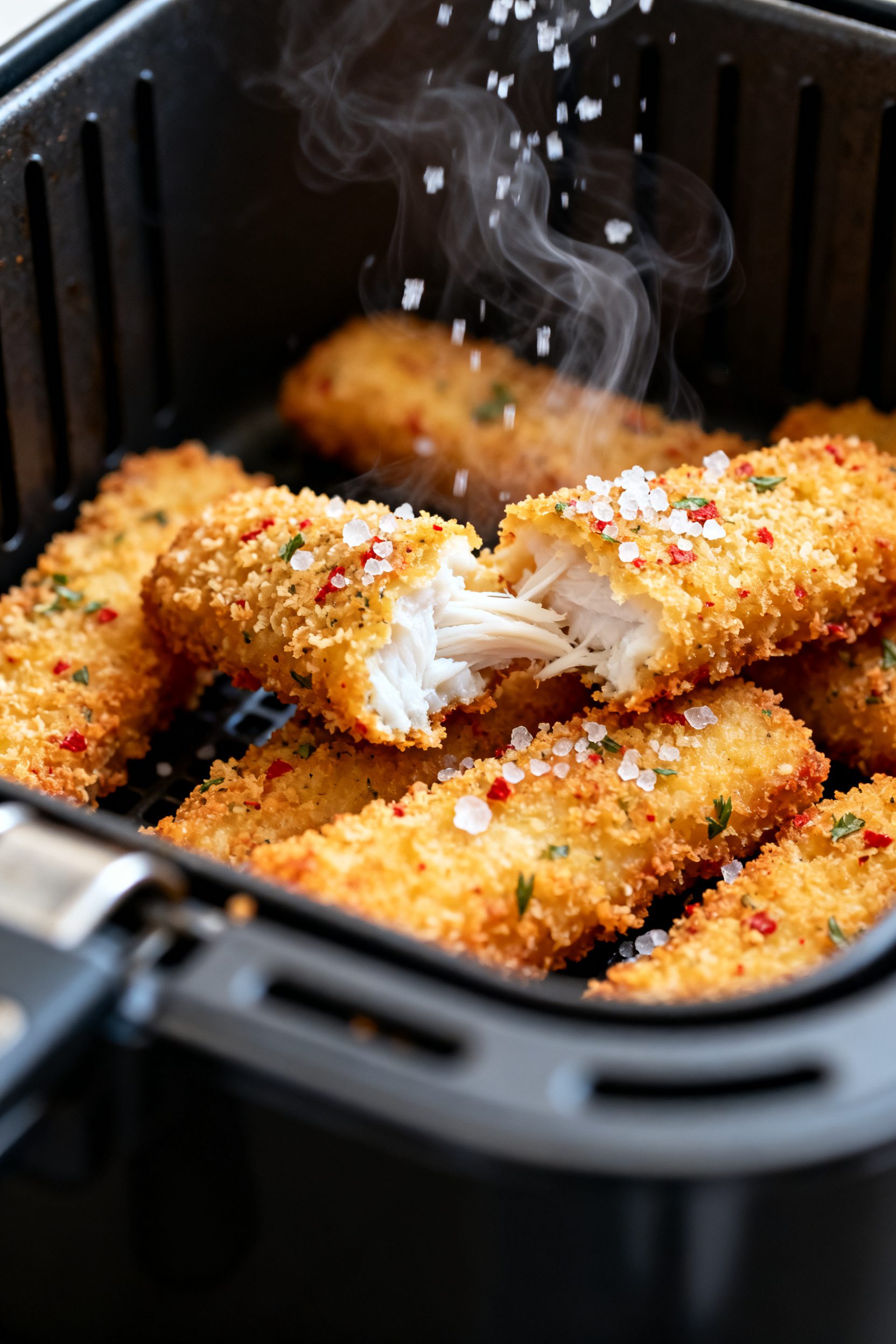 Close-up detail: Crispy air-fried fish sticks just out of the basket, golden panko-Parmesan crust wi