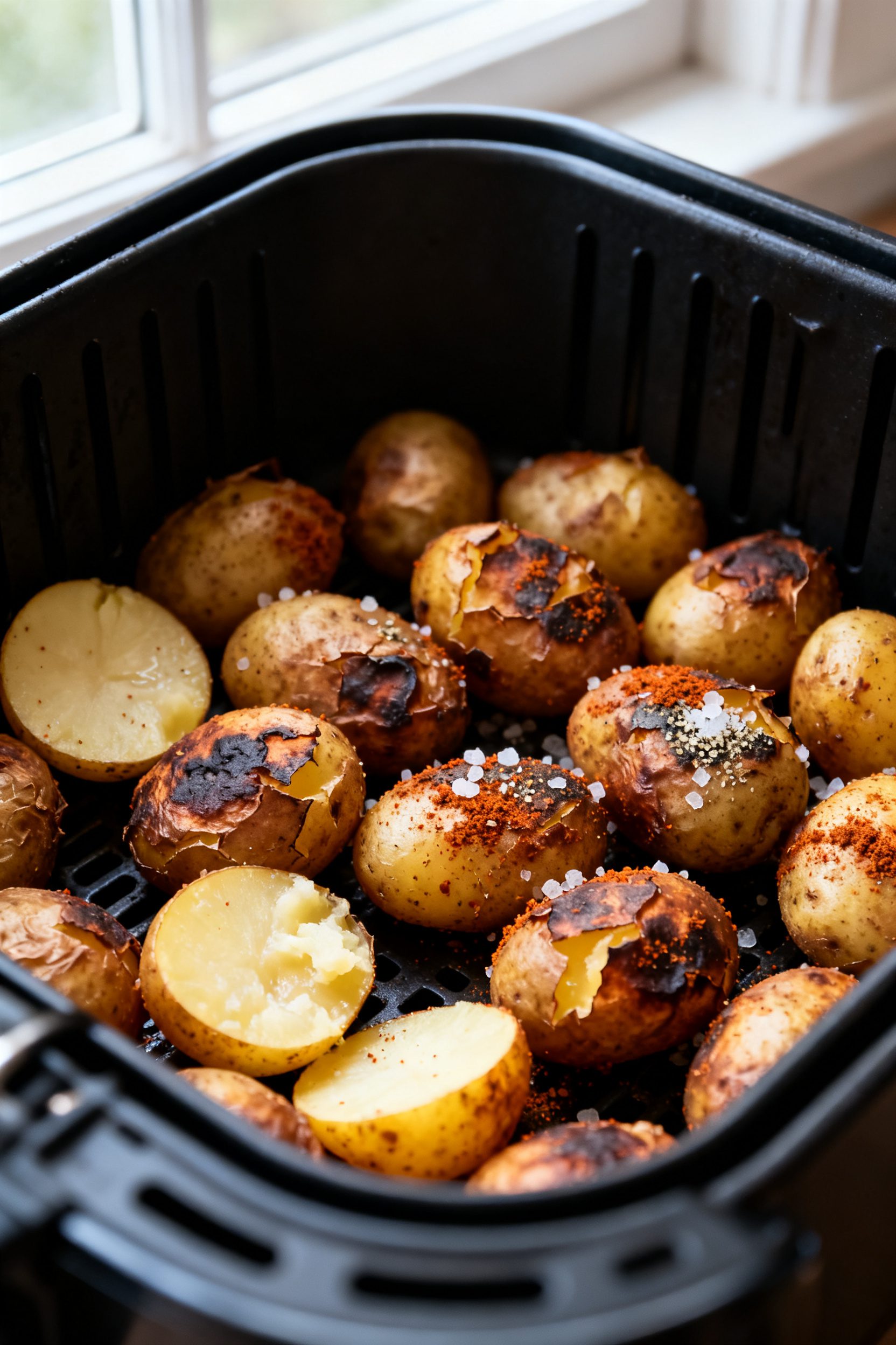Close-up detail: Crispy air-fried petite potatoes just out of the basket, deep golden-brown with sha