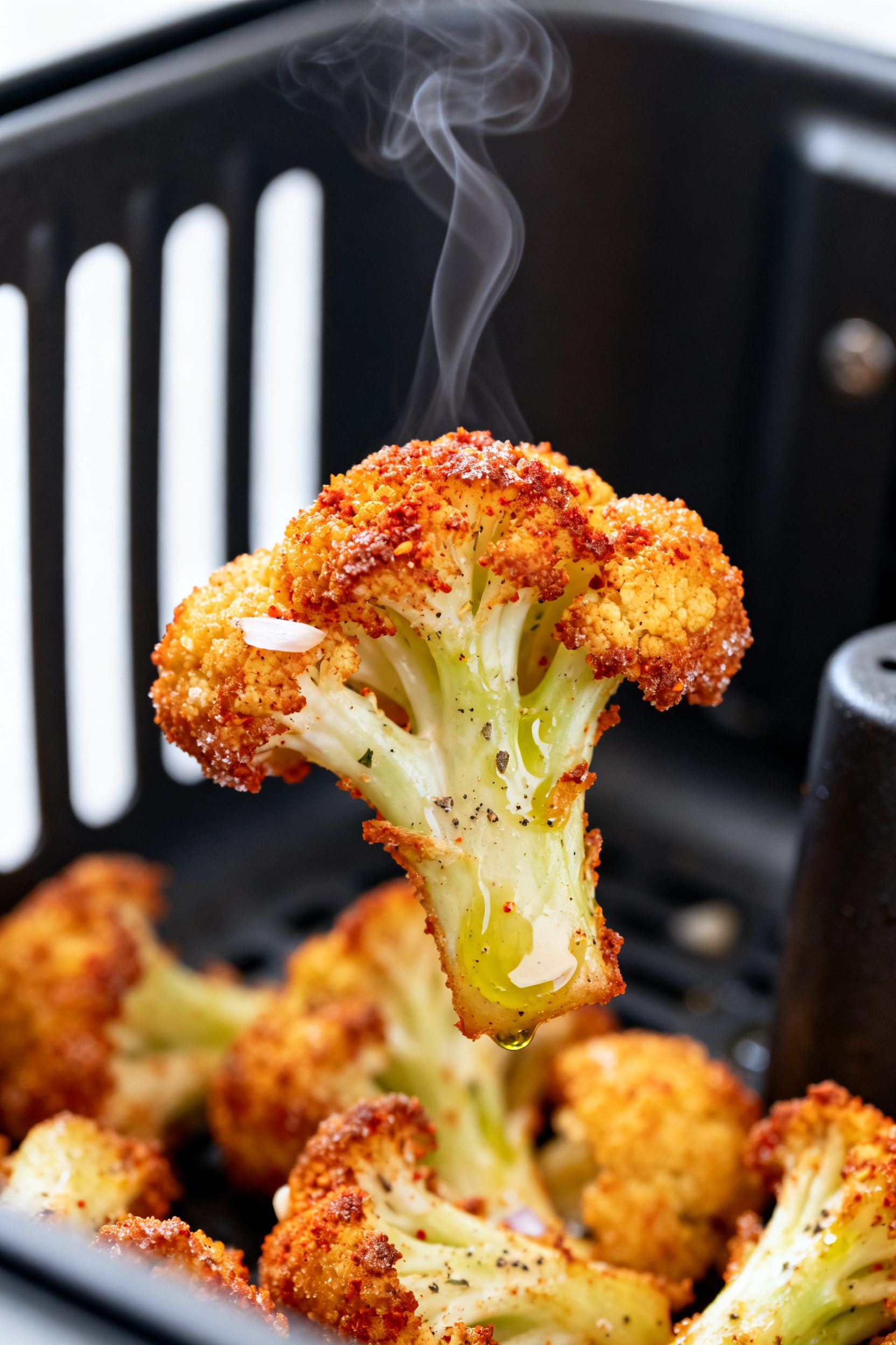 Close-up detail: Crispy air fryer cauliflower fries just out of the basket, edges deeply golden with