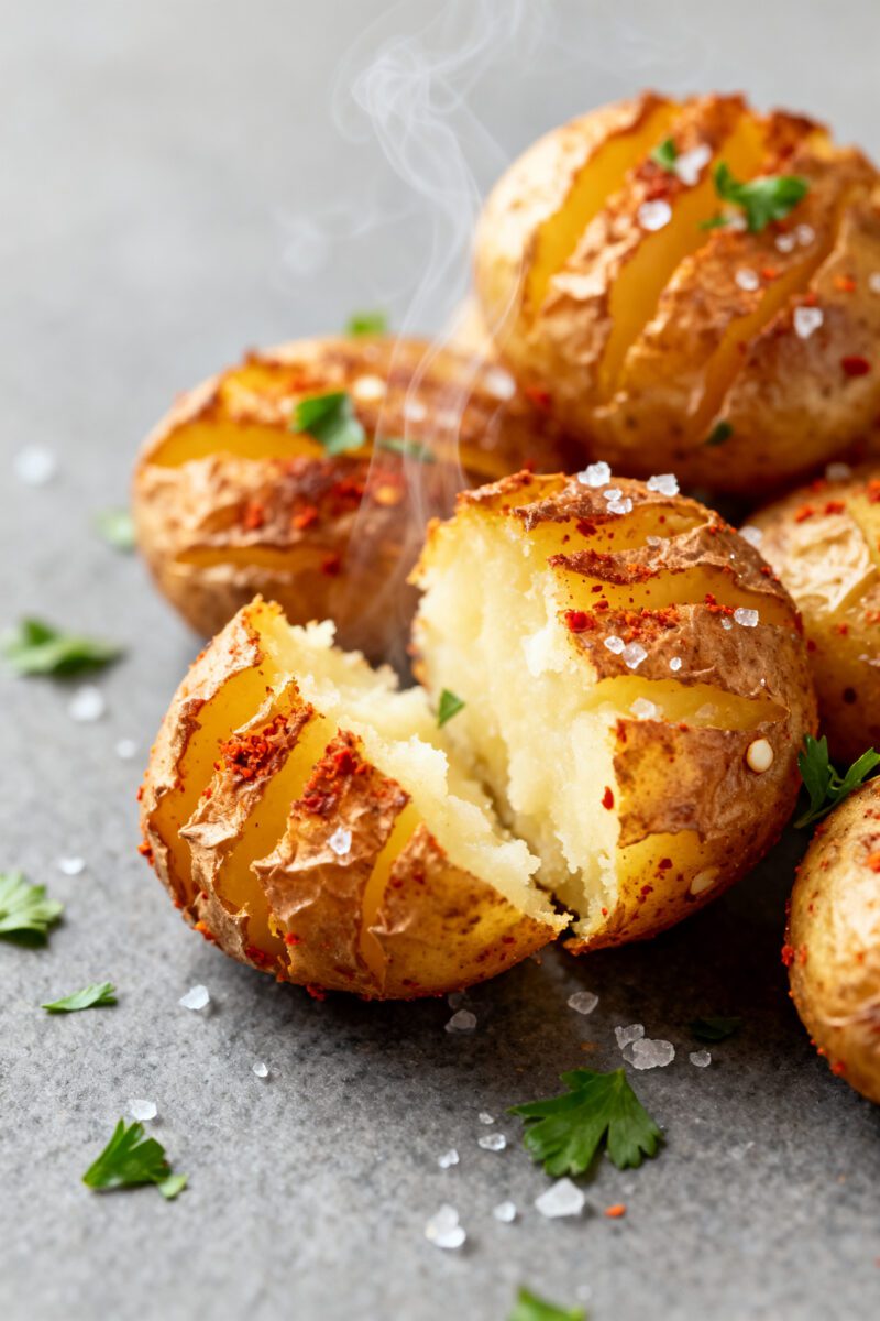 Close-up detail: Crispy air fryer smashed mini potatoes just out of the basket, edges deeply golden