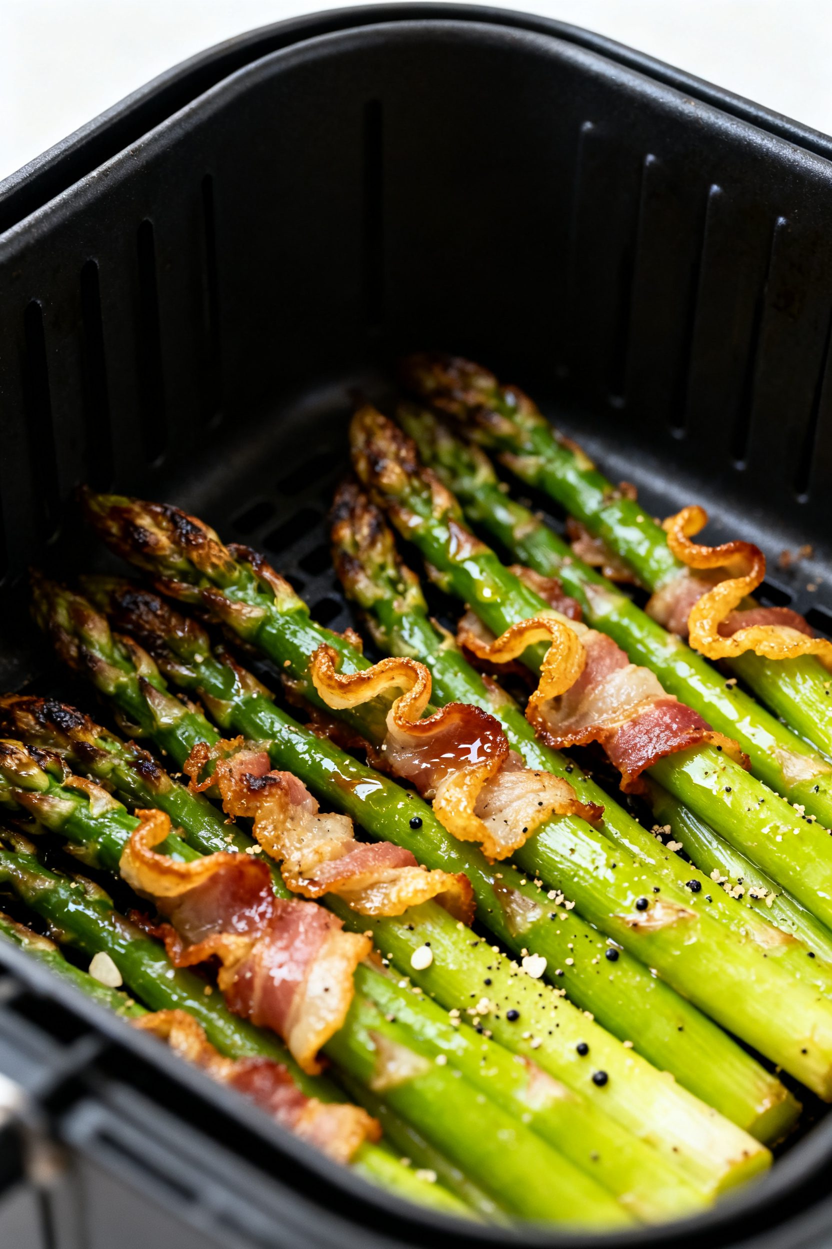 Close-up detail: Crispy bacon-studded asparagus fresh from the air fryer basket at 390–400°F, sho