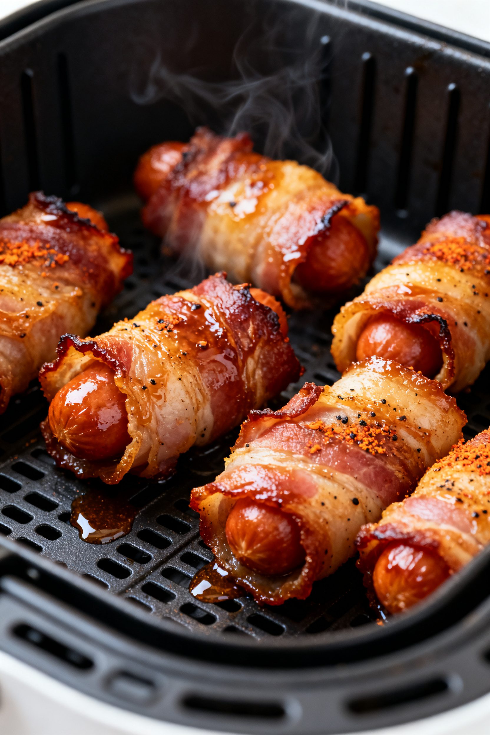 Close-up detail: Crispy bacon-wrapped cocktail sausages just out of the air fryer basket, deep golde