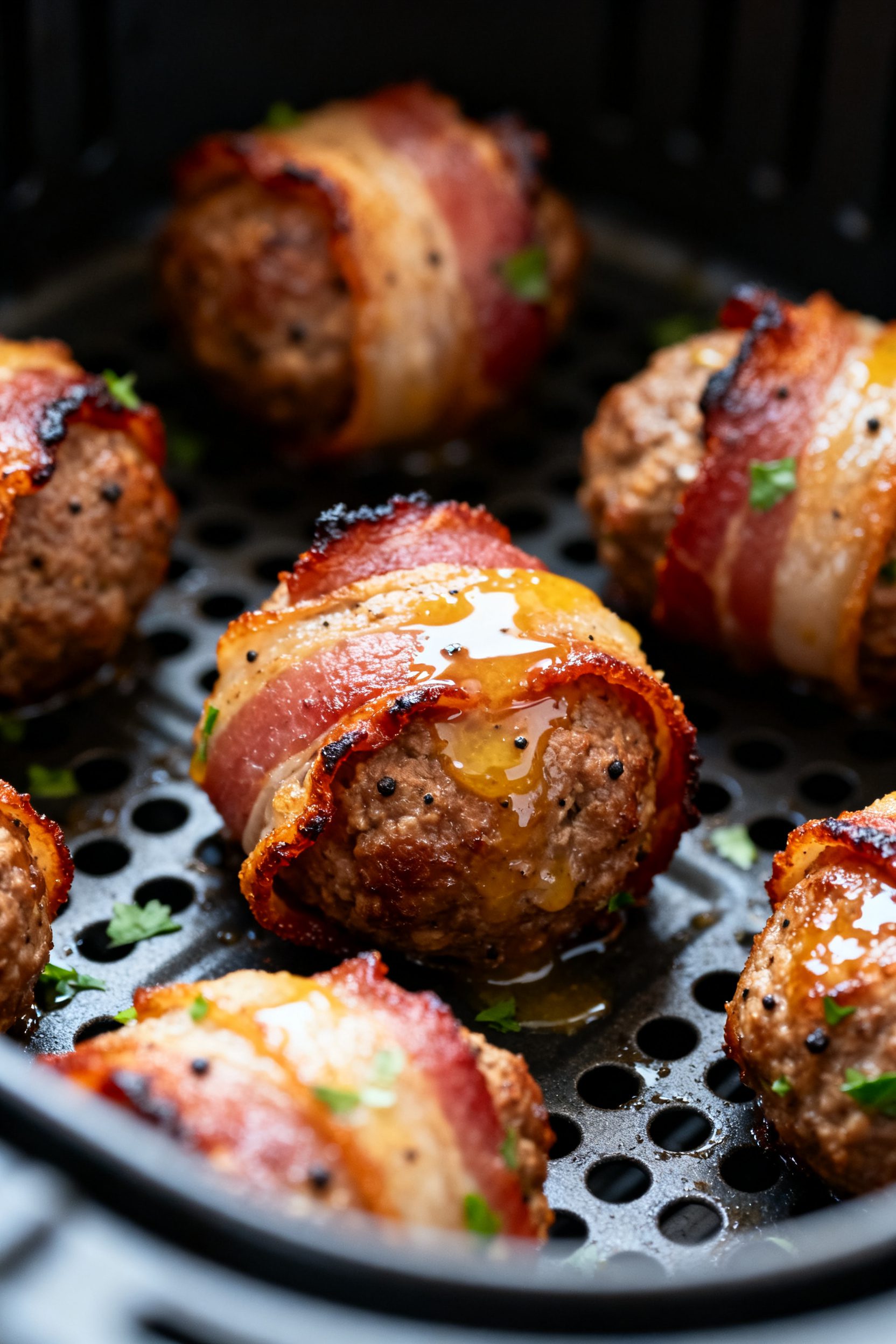Close-up detail: Crispy bacon-wrapped meatballs just out of the air fryer basket at 375°F, bacon re
