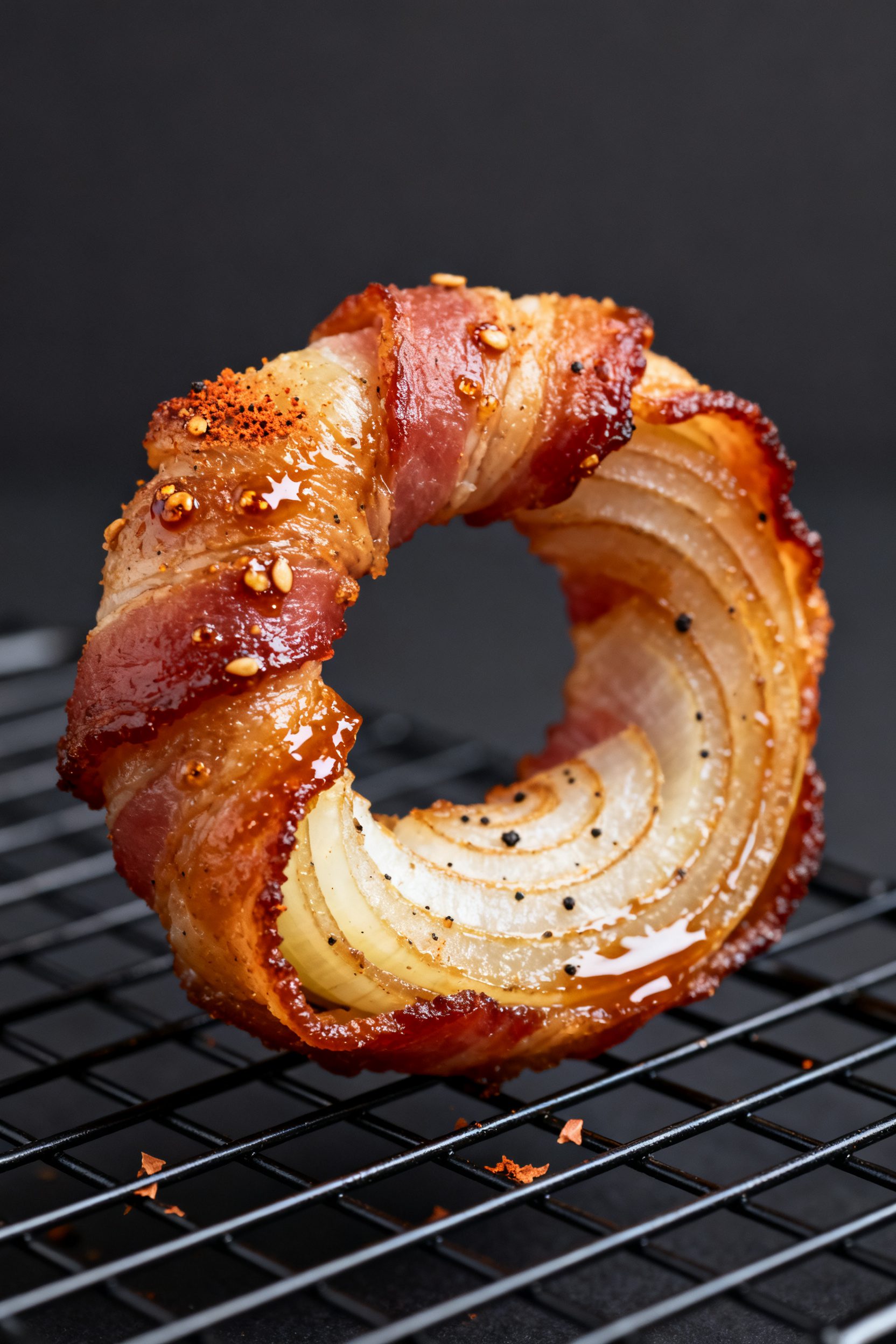 Close-up detail: Crispy bacon-wrapped onion ring just out of the air fryer, deep golden bacon with t