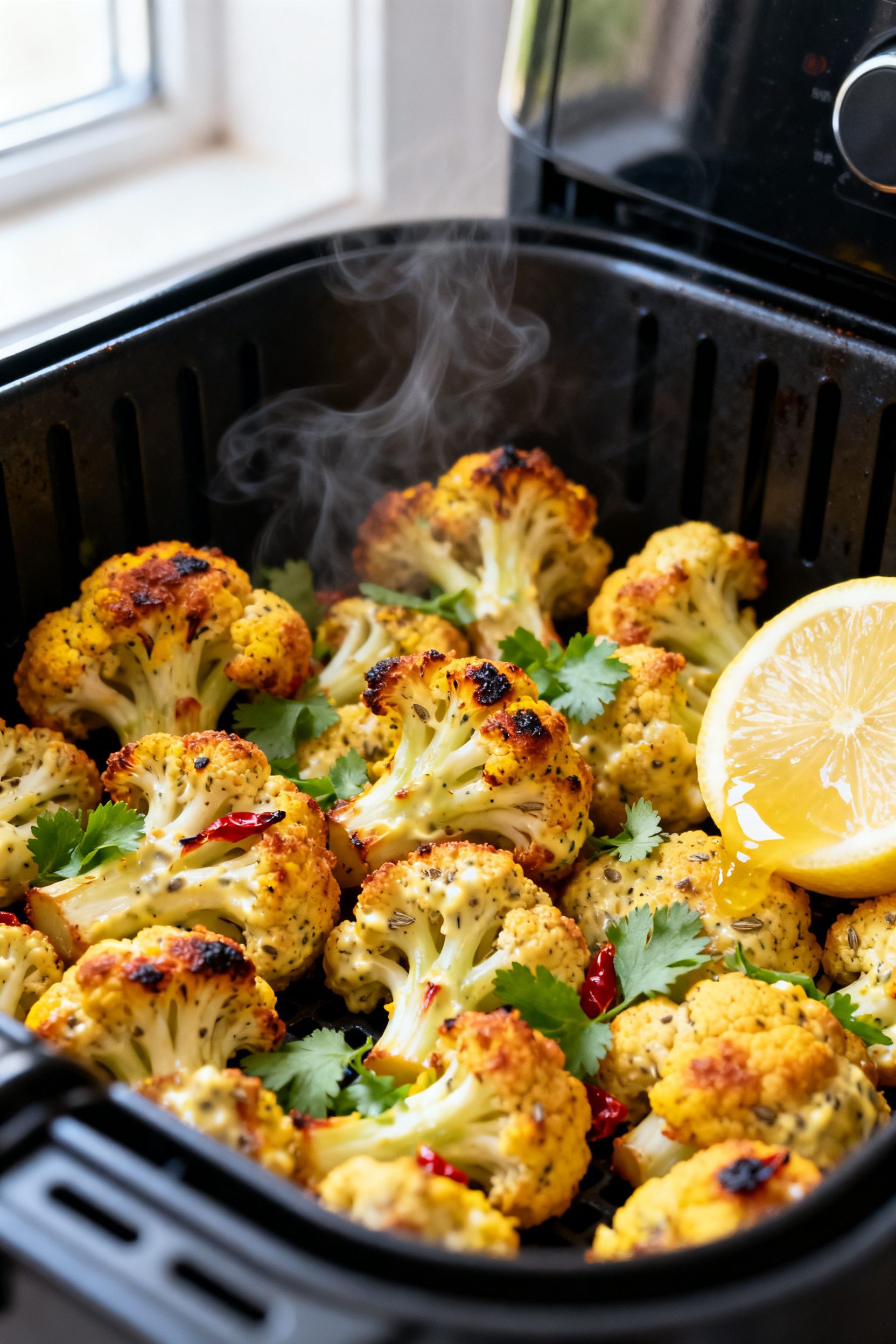 Close-up detail: Crispy Indian-style air fryer cauliflower florets fresh from the basket, golden-bro