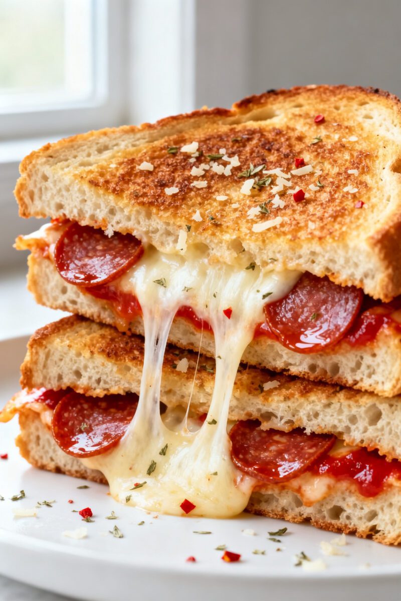 Close-up detail: Cross-section of a freshly air-fried pizza grilled cheese just after slicing, mozza