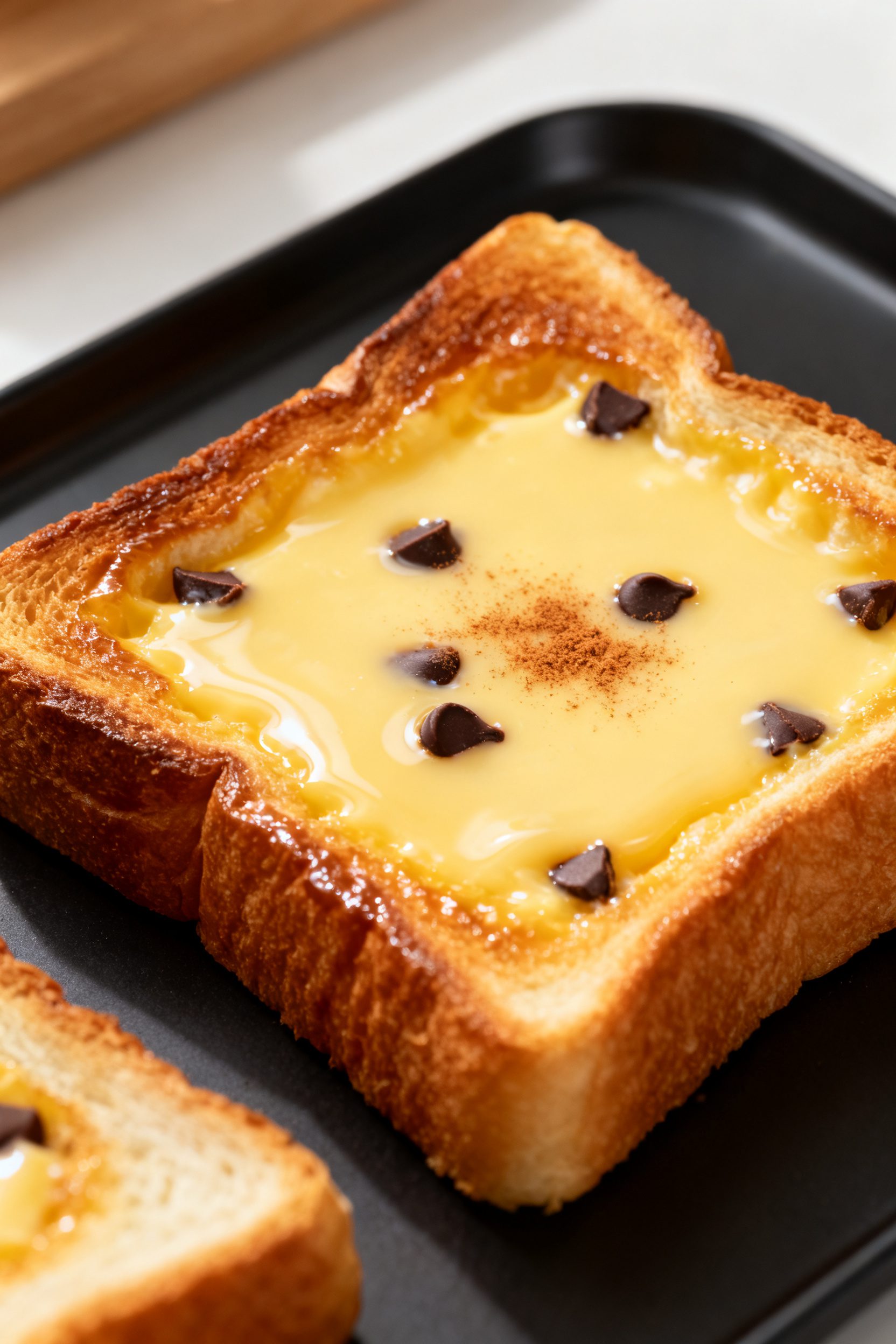 Close-up detail: Custard-filled brioche toast just out of the air fryer at 350°F, edges deeply gold