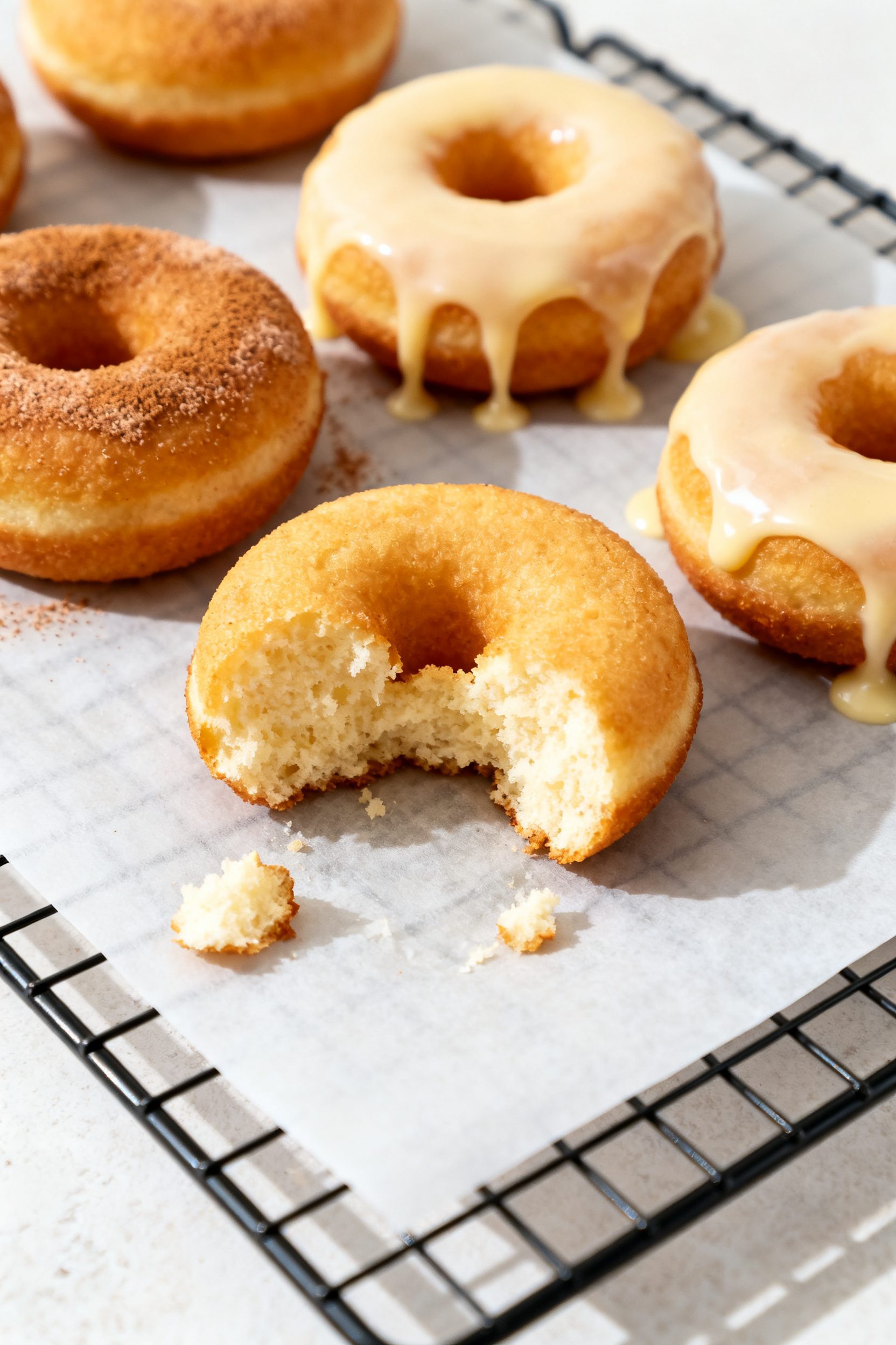 Close-up detail: Freshly air-fried Greek yogurt protein donuts just out of silicone molds, lightly g