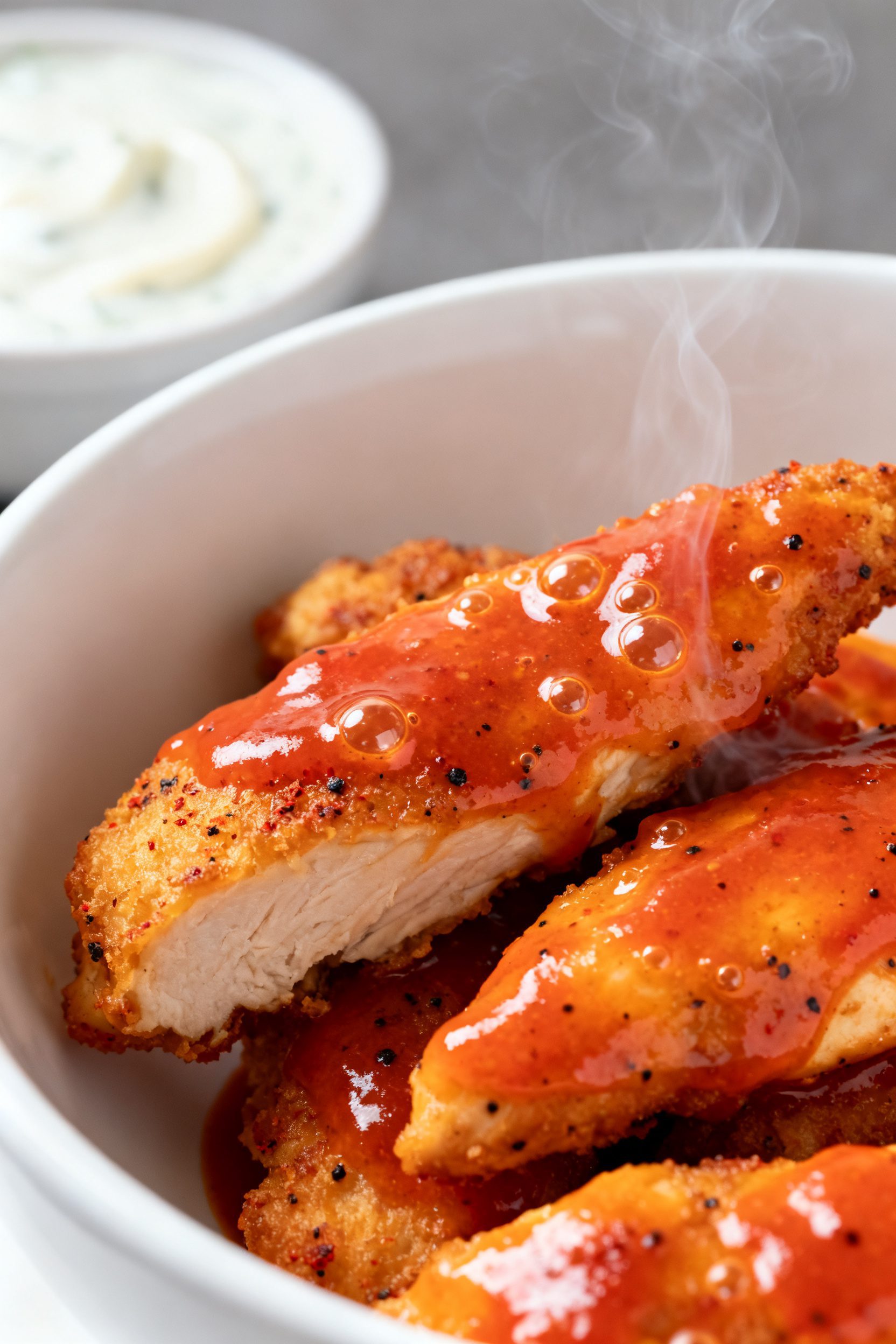 Close-up detail: Glazed air-fried buffalo chicken strips just tossed in sauce, edges visibly crisp a