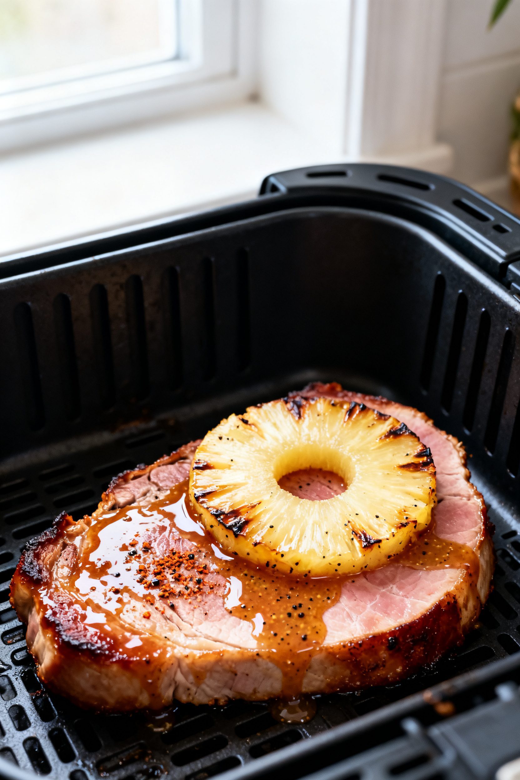 Close-up detail: Glazed air fryer ham steak just out of the basket, edges visibly caramelized and li