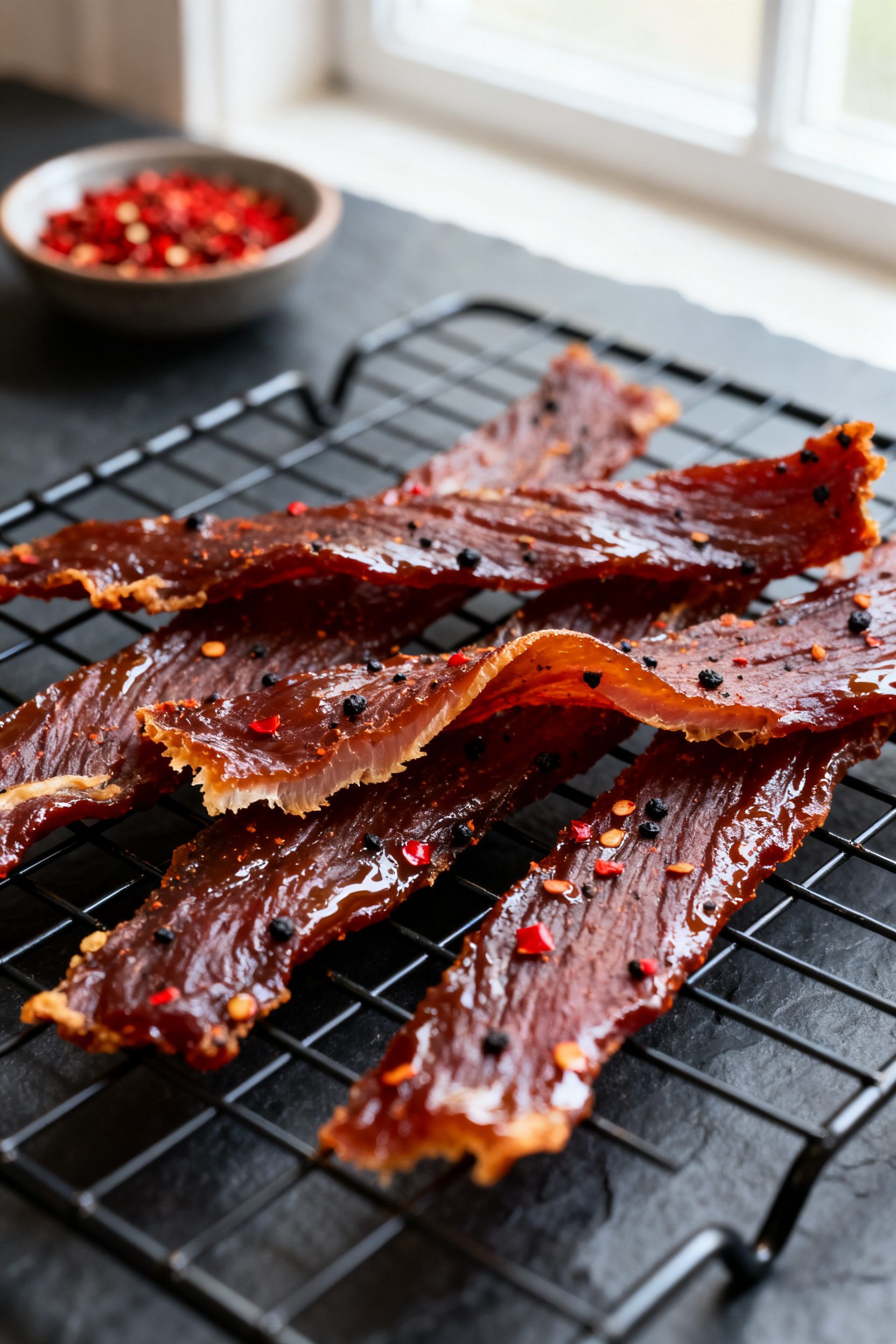 Close-up detail: Glazed air fryer turkey jerky strips resting on a wire rack after cooling, showing 