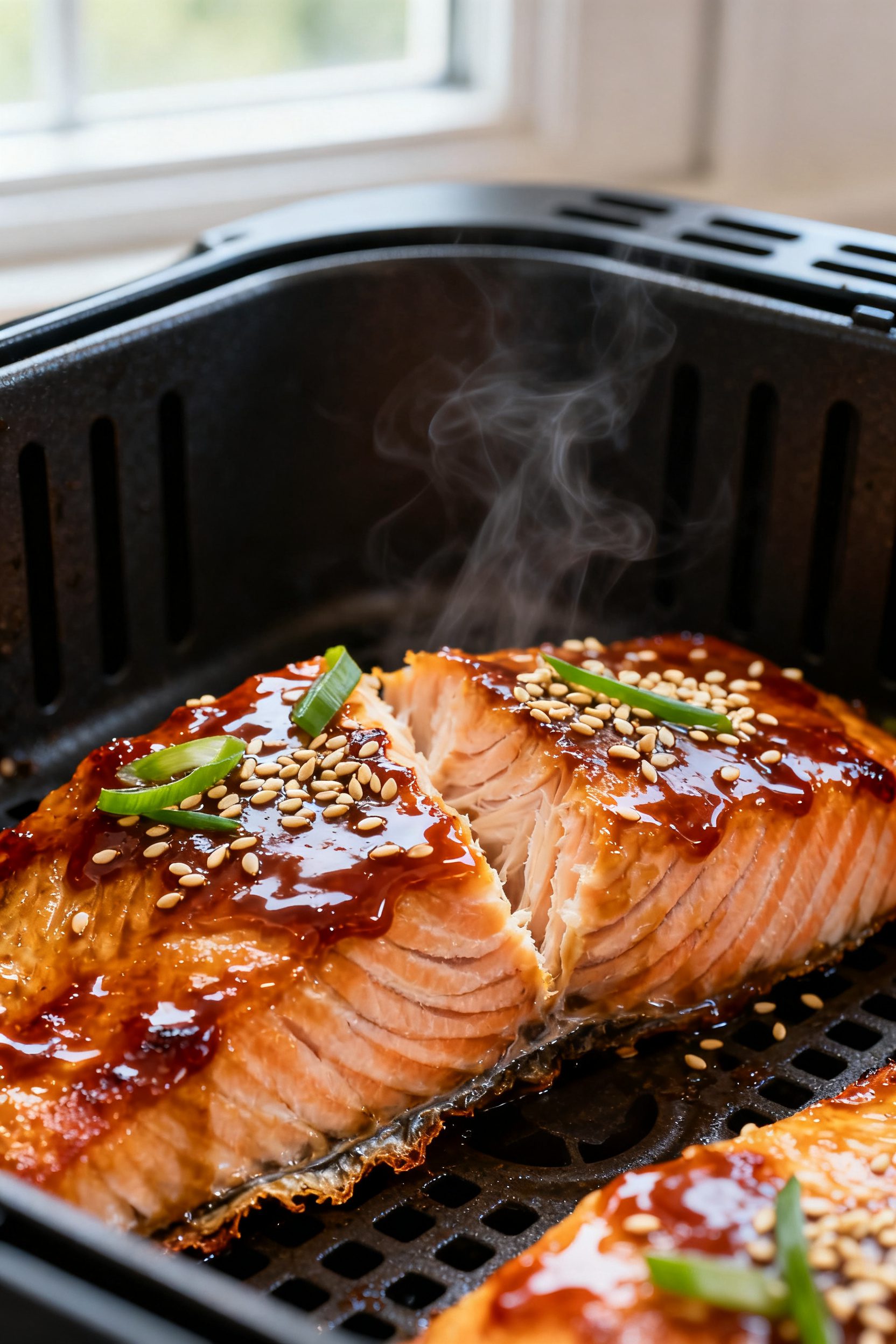 Close-up detail: Glazed honey-teriyaki salmon just out of the air fryer, caramelized edges glistenin