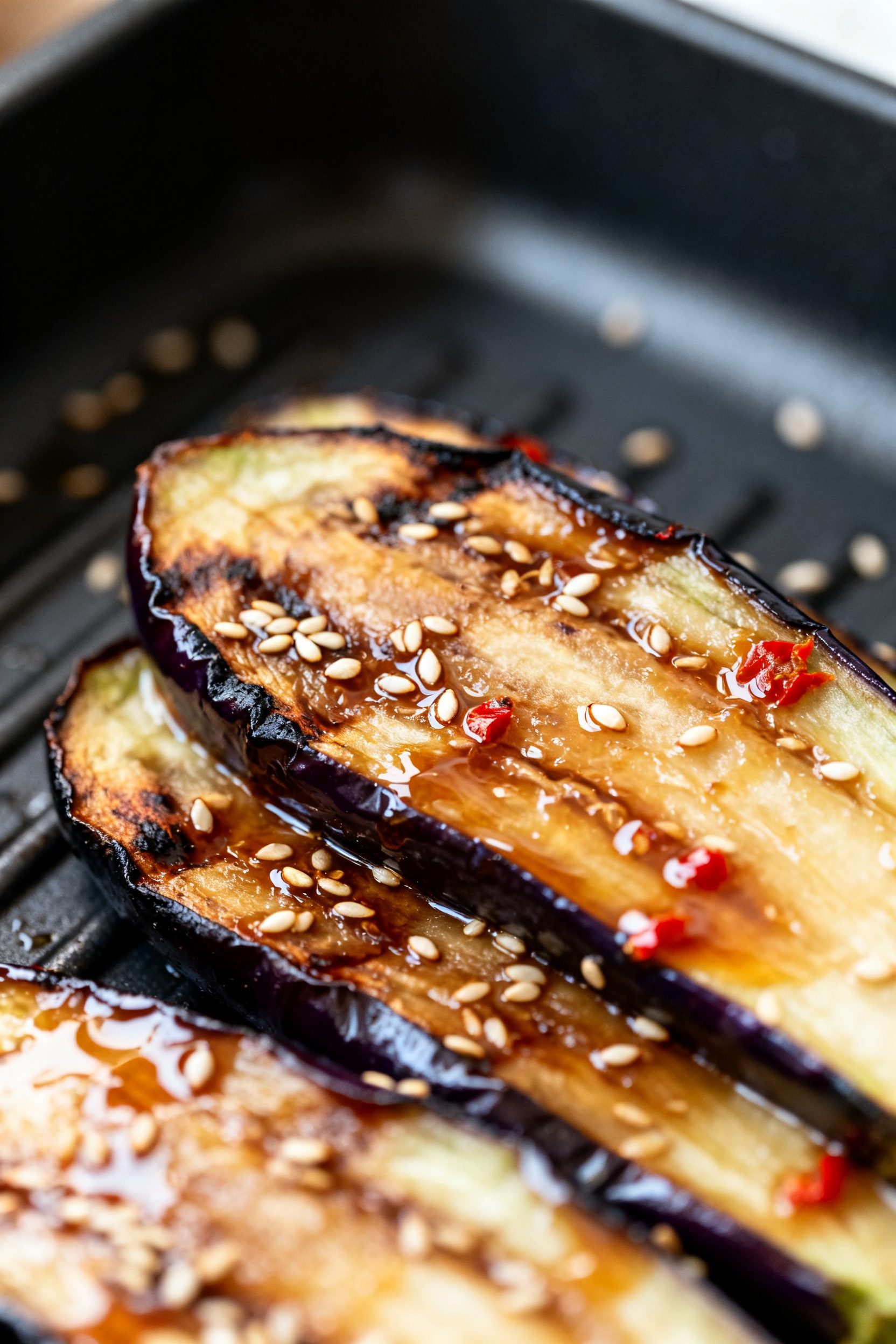 Close-up detail: Glazed Japanese eggplant just out of the air fryer, cut-side up, edges lightly char