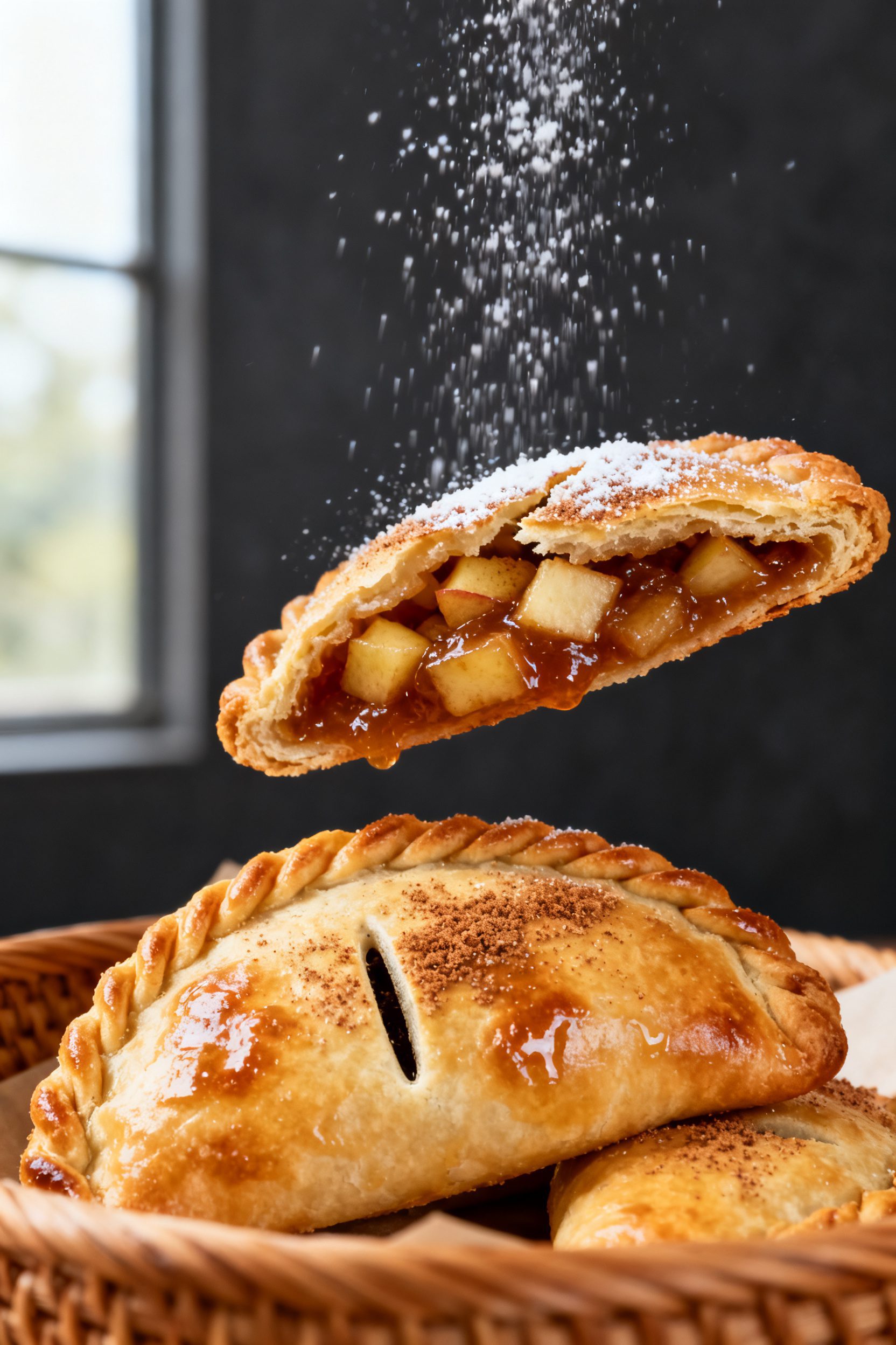 Close-up detail: Golden air-fried apple hand pie just out of the basket, half-moon shape with crisp,