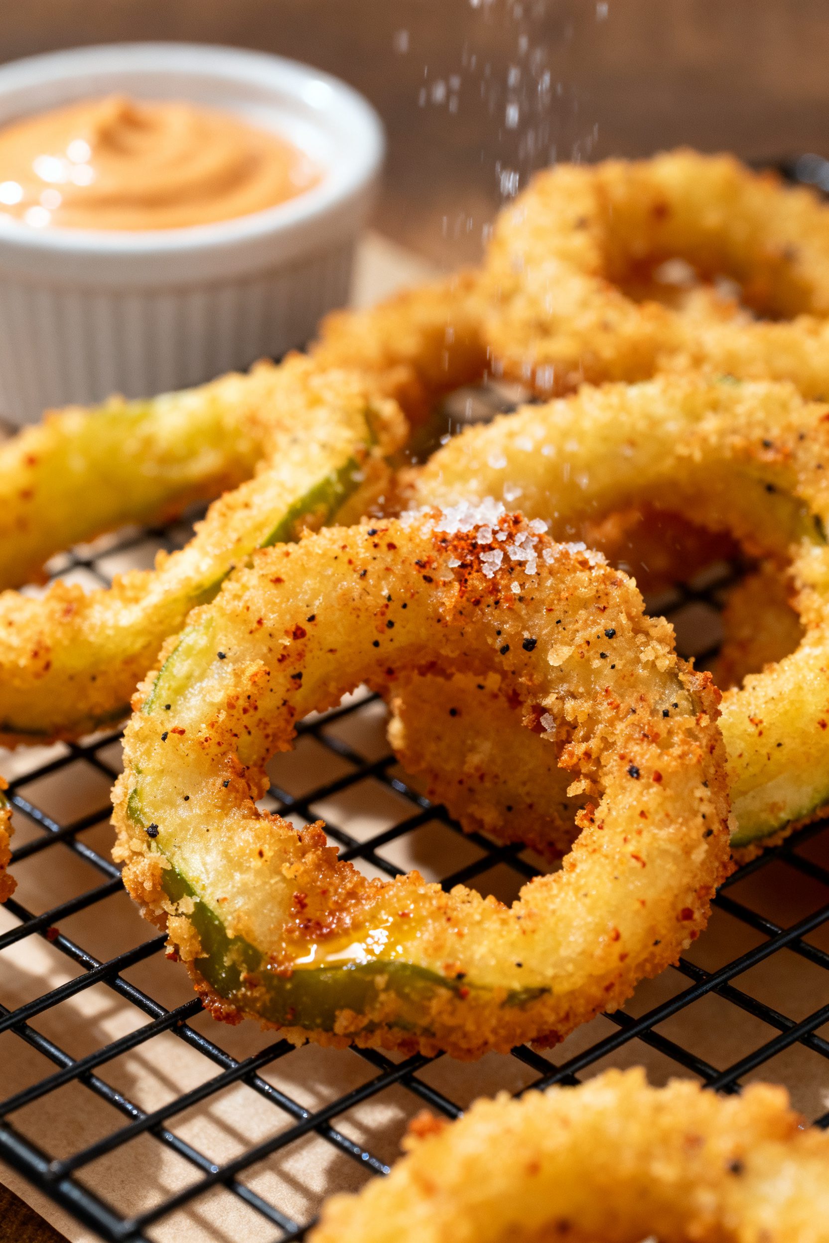 Close-up detail: Golden, air-fried banana pepper rings just out of the basket, ultra-crispy panko-an