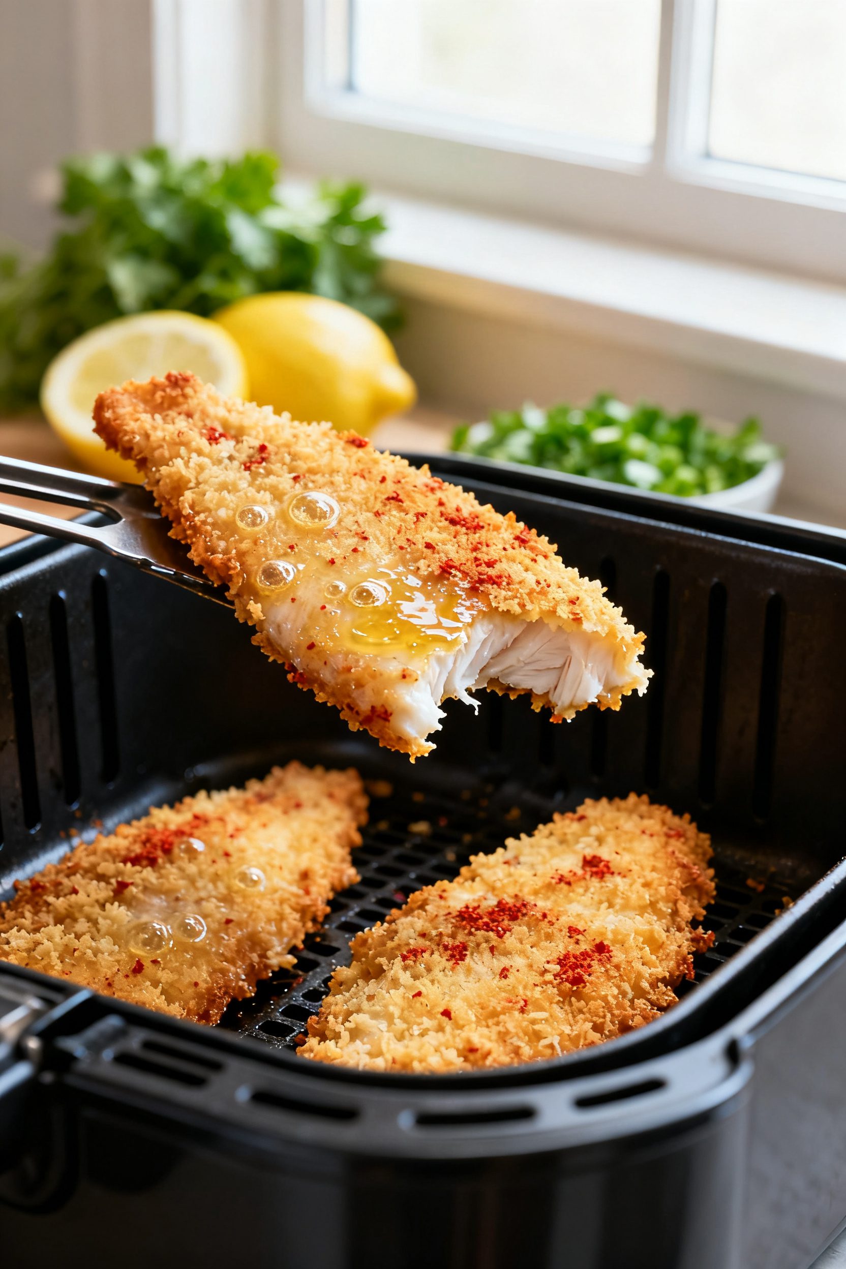 Close-up detail: Golden, air-fried breaded tilapia just out of the basket, one fillet mid-flip with 