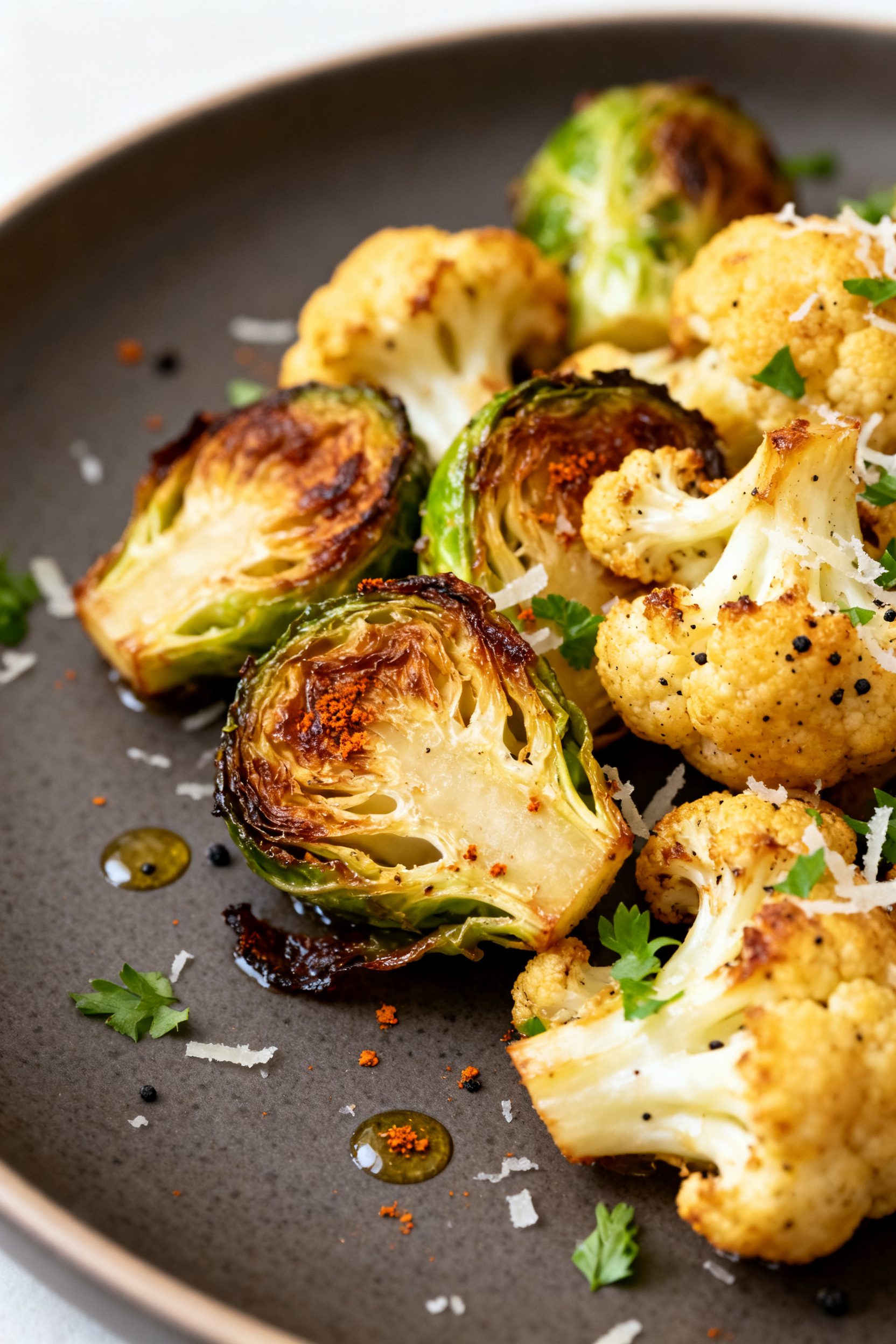 Close-up detail: Golden, air-fried Brussels sprouts and cauliflower florets with deeply caramelized 