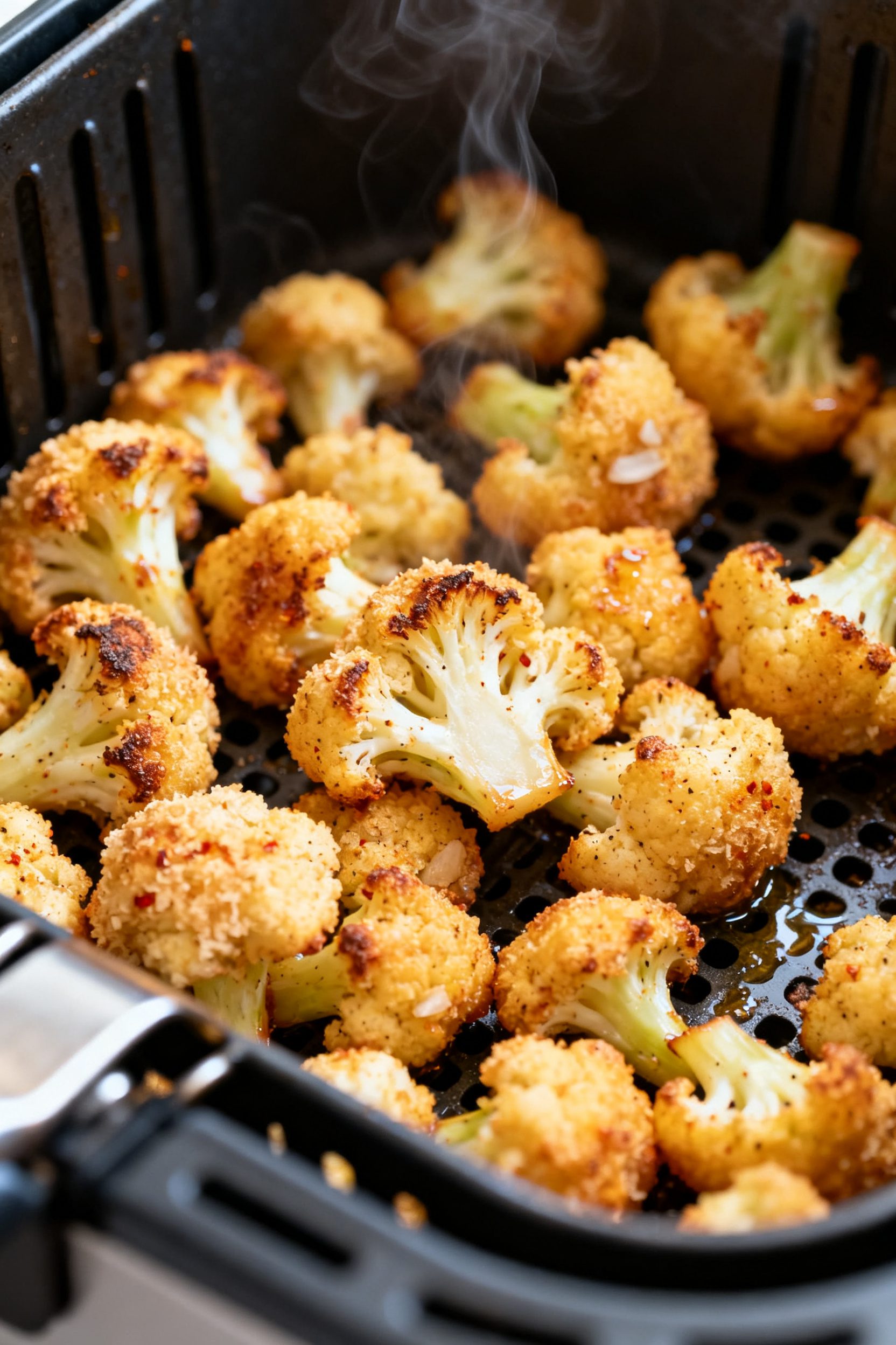 Close-up detail: Golden, air-fried cauliflower bites just out of the basket at 390°F, edges caramel